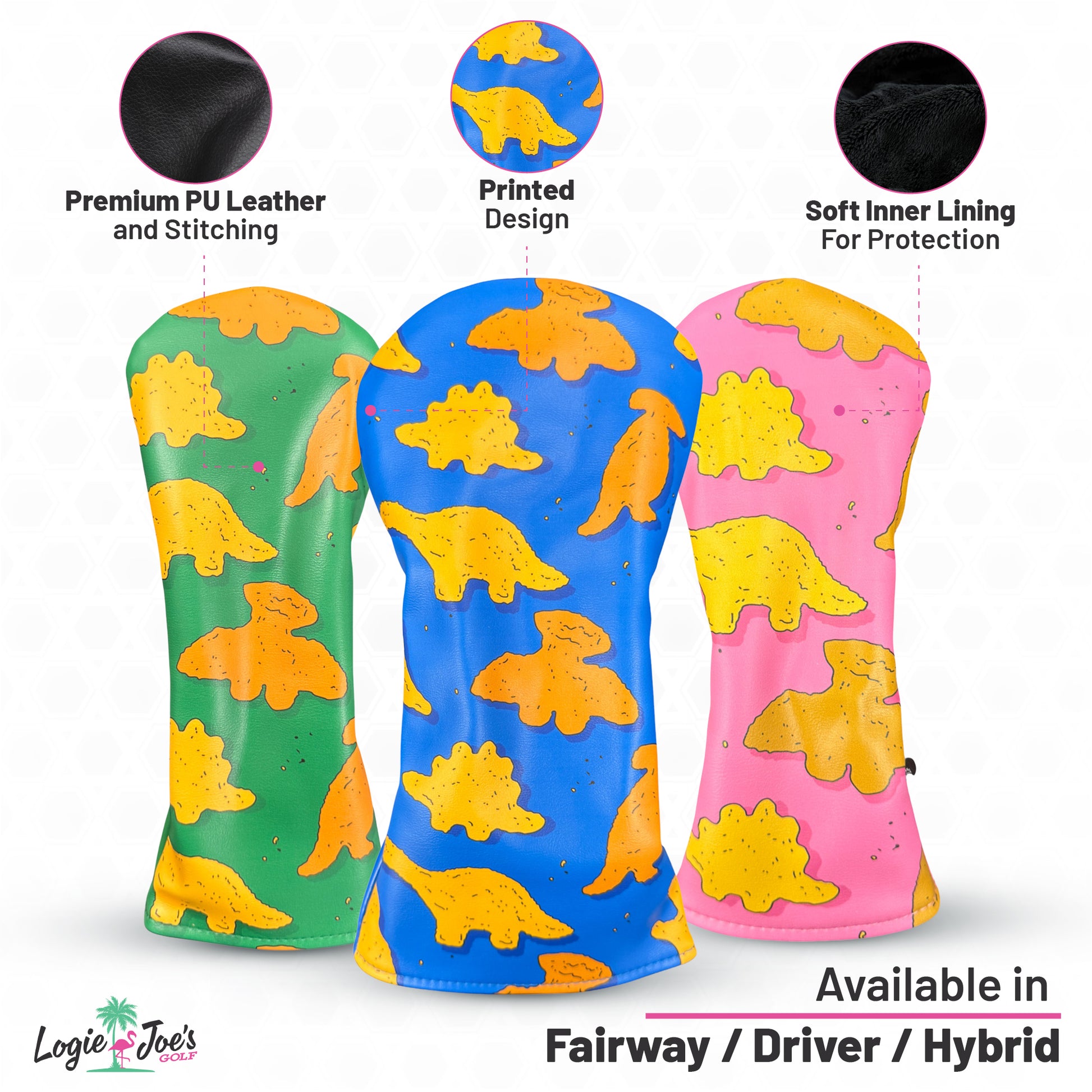 The Dino Nugget Driver Headcover features playful orange dinosaurs with yellow clouds on colorful backgrounds. Made from durable synthetic leather with a soft lining, it's a premium golf driver cover—matching fairway and hybrid options available.