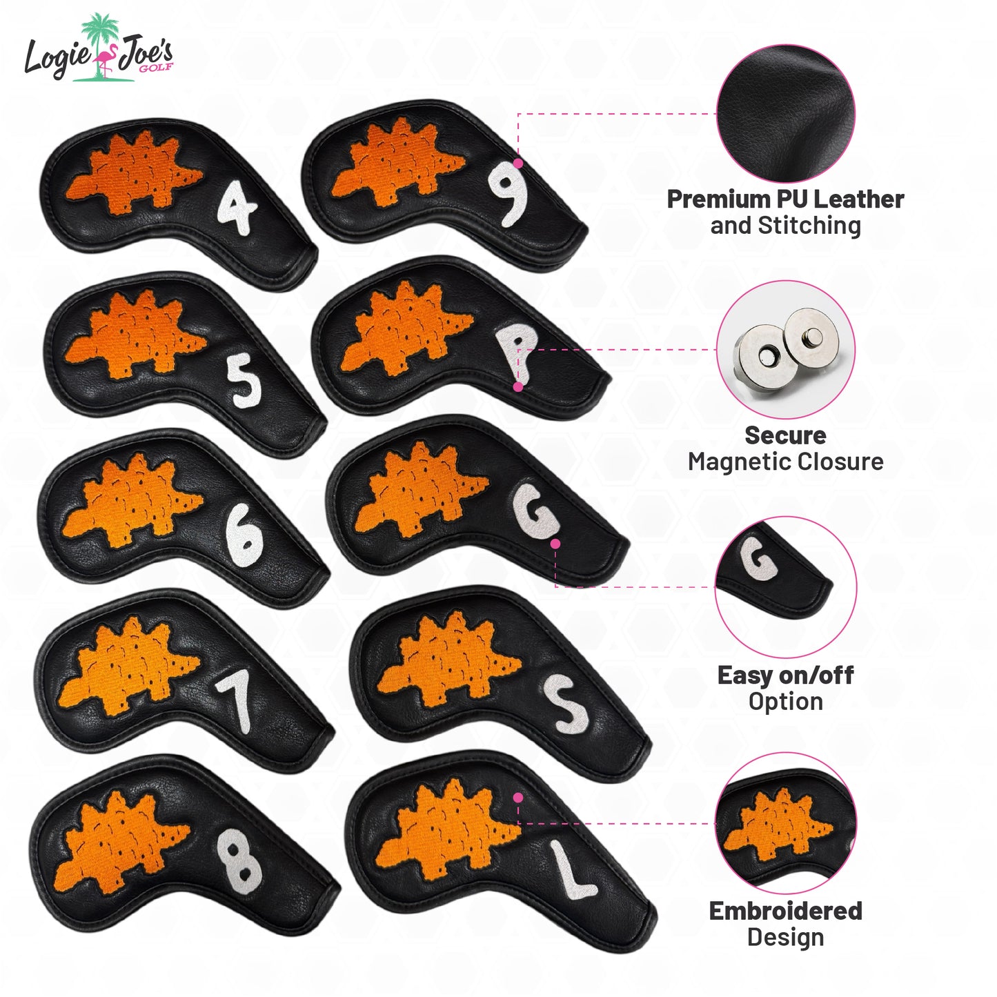 The Dino Nugget Stegosaurus Golf Iron Cover Set features black premium PU leather, orange embroidered alligators, white numbers (4–9, PW, GW, SW, LW), magnetic closure, easy on/off, and durable stitching for standout style and protection.