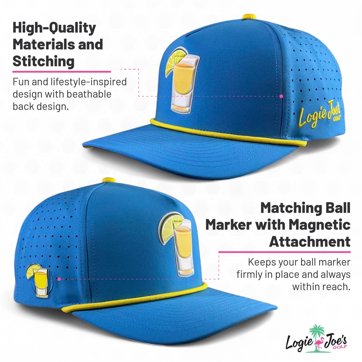 The Dino Nugget Golf Hat is a blue and yellow snapback cap featuring a dinosaur chicken design, “Logie Joe’s Golf” logo, breathable back, and an adjustable fit, plus a built-in magnetic ball marker holder with marker—fun style meets practical features.