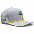The Alien Gray UFO Golf Hat is a snapback cap with yellow trim, green and black UFO graphics beaming up a golf ball, ventilation holes for breathability, built-in magnetic ball marker holder, marker included, and adjustable fit.