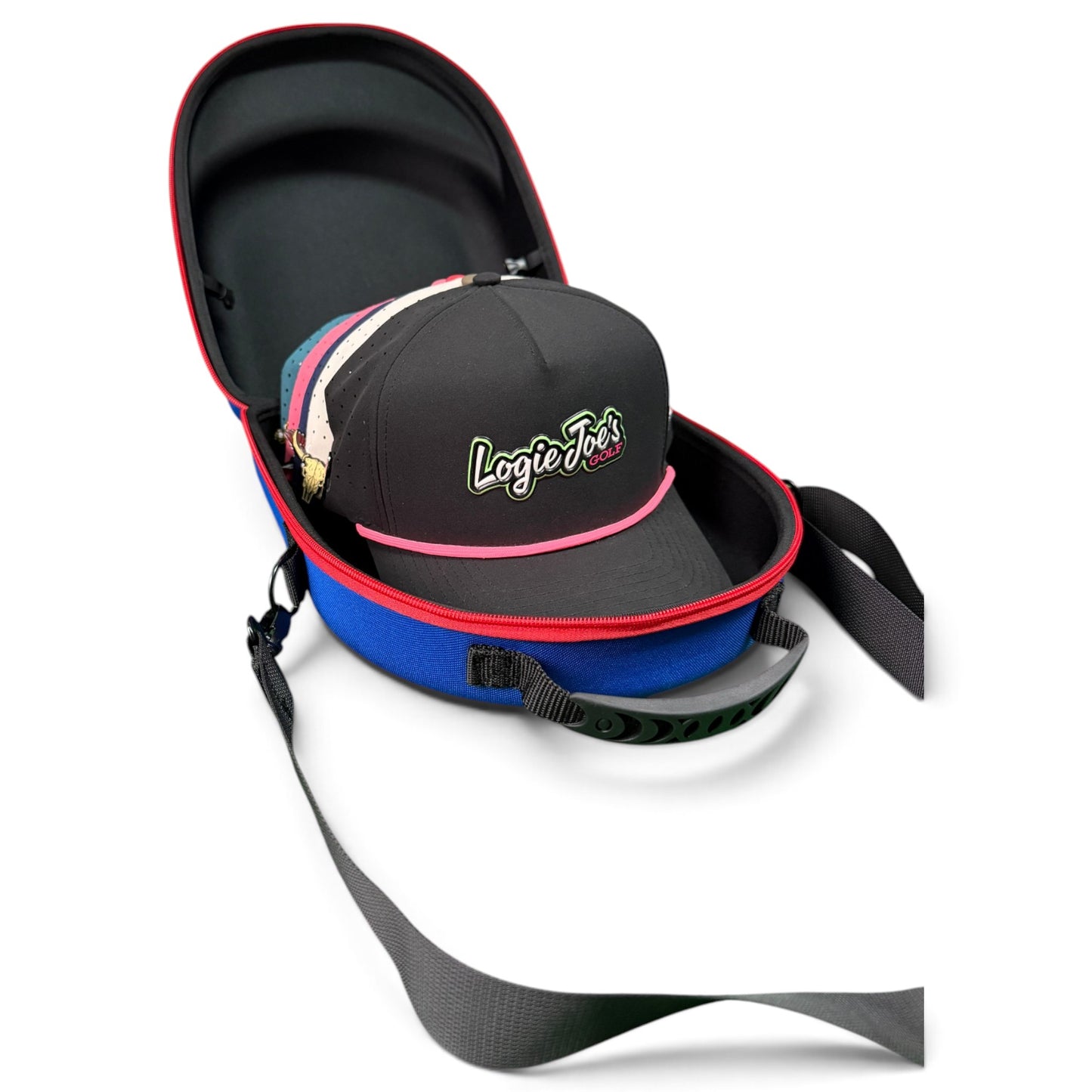 Blue/Orange Hat Caddy Travel Case | Hard Shell Hat Carrier Holds Up to 6 Hats | Protective Hat Storage Case with Adjustable Shoulder Strap