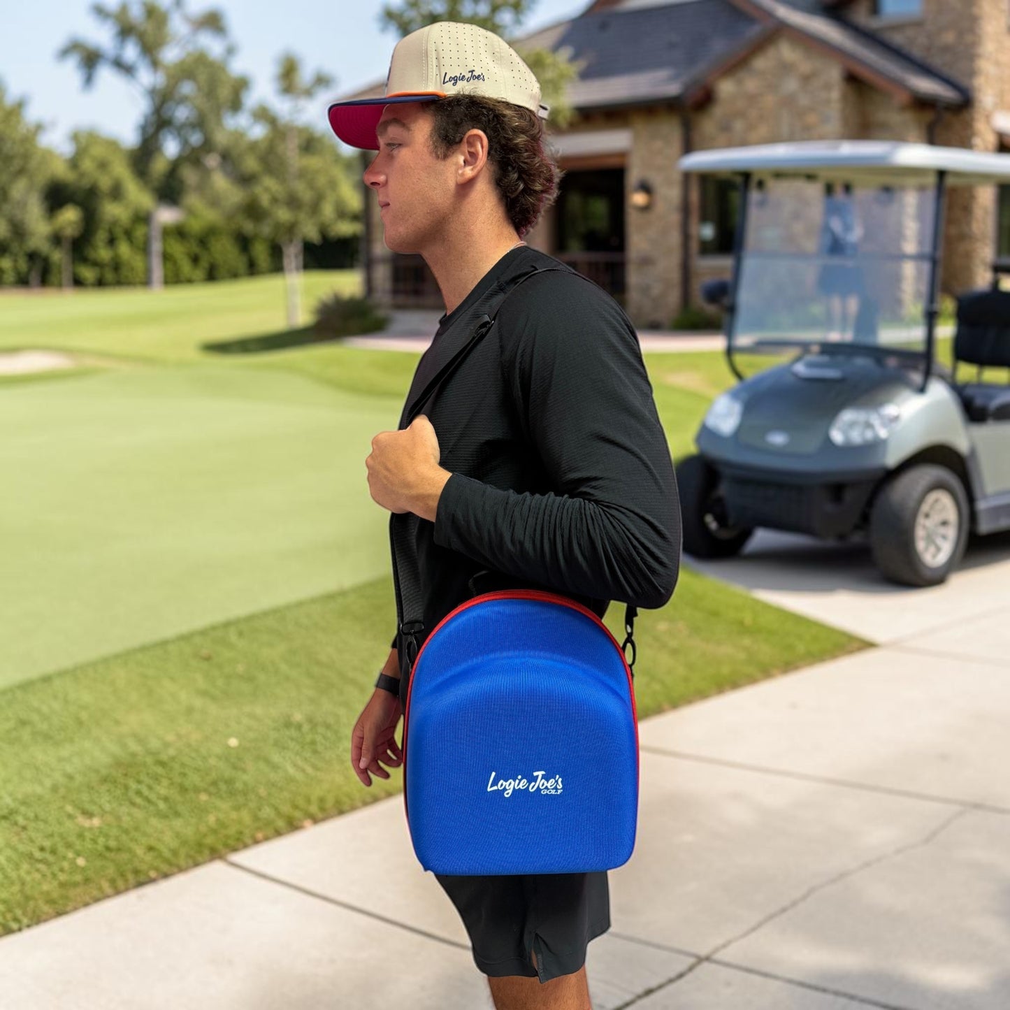 Blue/Orange Hat Caddy Travel Case | Hard Shell Hat Carrier Holds Up to 6 Hats | Protective Hat Storage Case with Adjustable Shoulder Strap