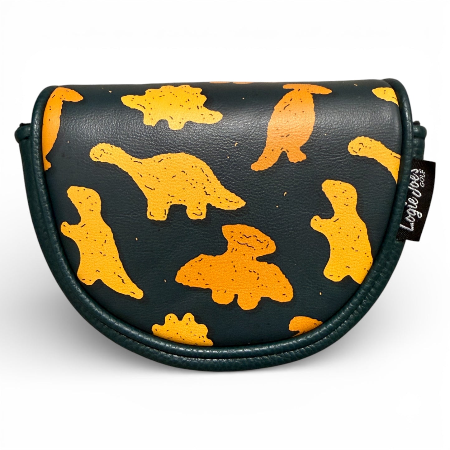 The Dino Nugget Center-Shafted Mid-Mallet Putter Headcover features a small dark green design with bright orange dinosaur patterns, a black side tag, premium magnetic closure, and soft protective lining for center-shafted putters.