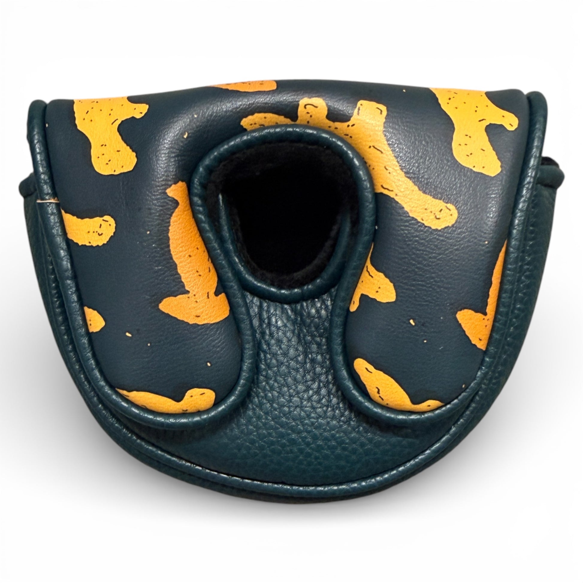 The Dino Nugget Center-Shafted Mid-Mallet Putter Headcover is a dark green leather cover with orange abstract patterns and a rounded center opening, featuring premium magnetic closure and soft lining for stylish putter protection.