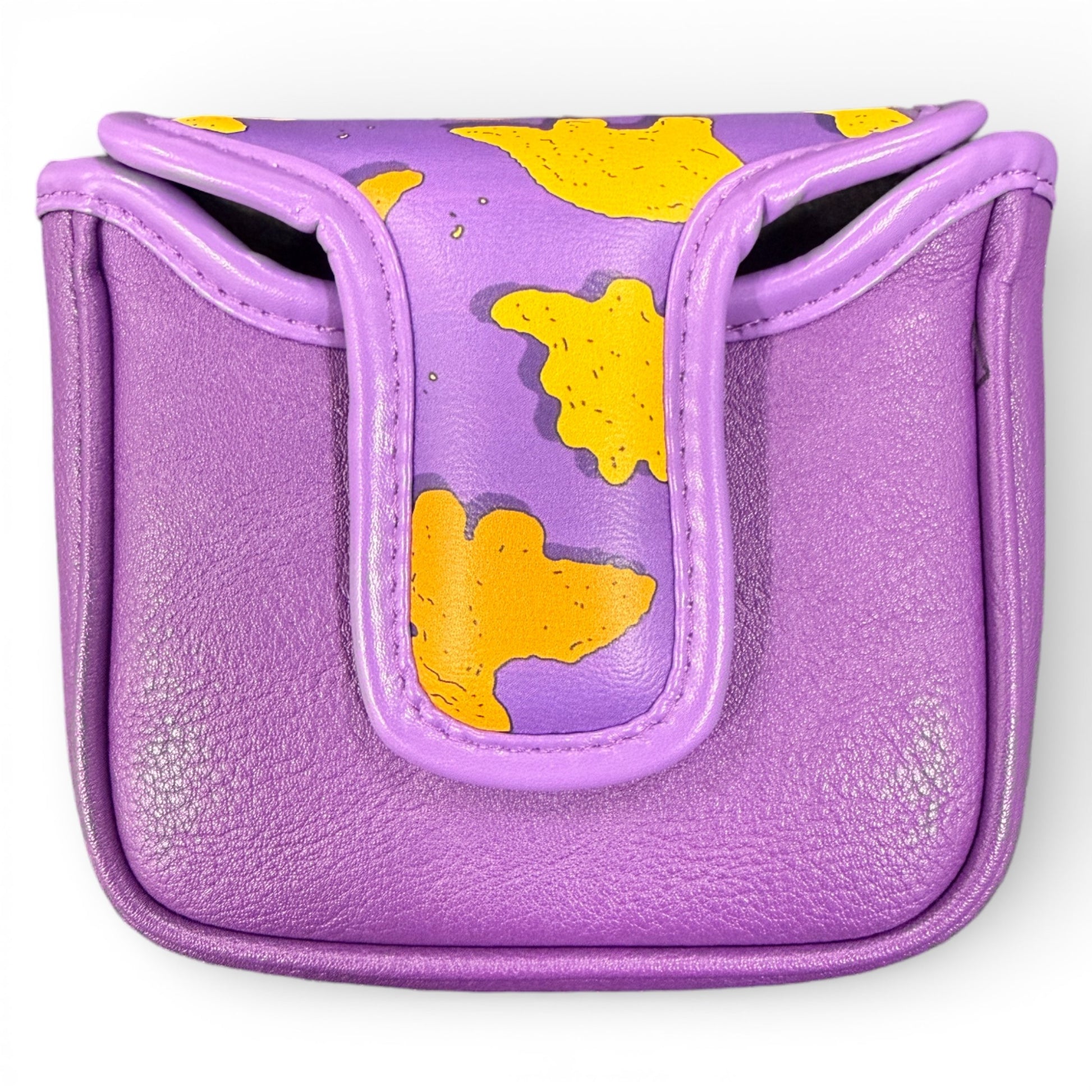 A compact purple pouch with yellow abstract shapes, inspired by the Dino Nugget Mallet Putter Headcover. Made from premium synthetic leather with a flap closure, it’s ideal for protecting standard mallet putters or golf clubs.