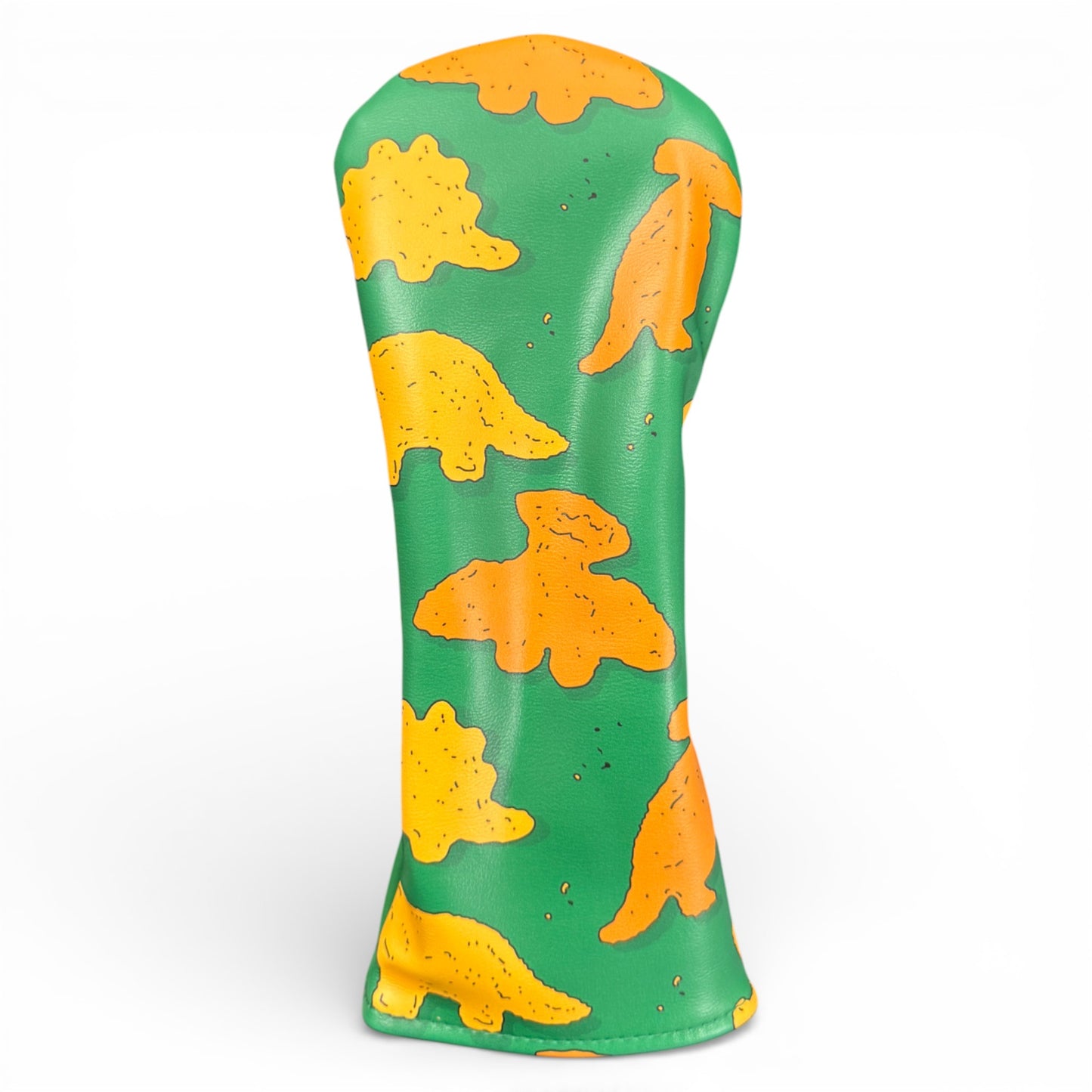 The Dino Nugget Fairway Wood Headcover features a premium durable synthetic leather exterior with yellow and orange cartoon dinosaur silhouettes, plus a soft protective interior to keep your club safe.