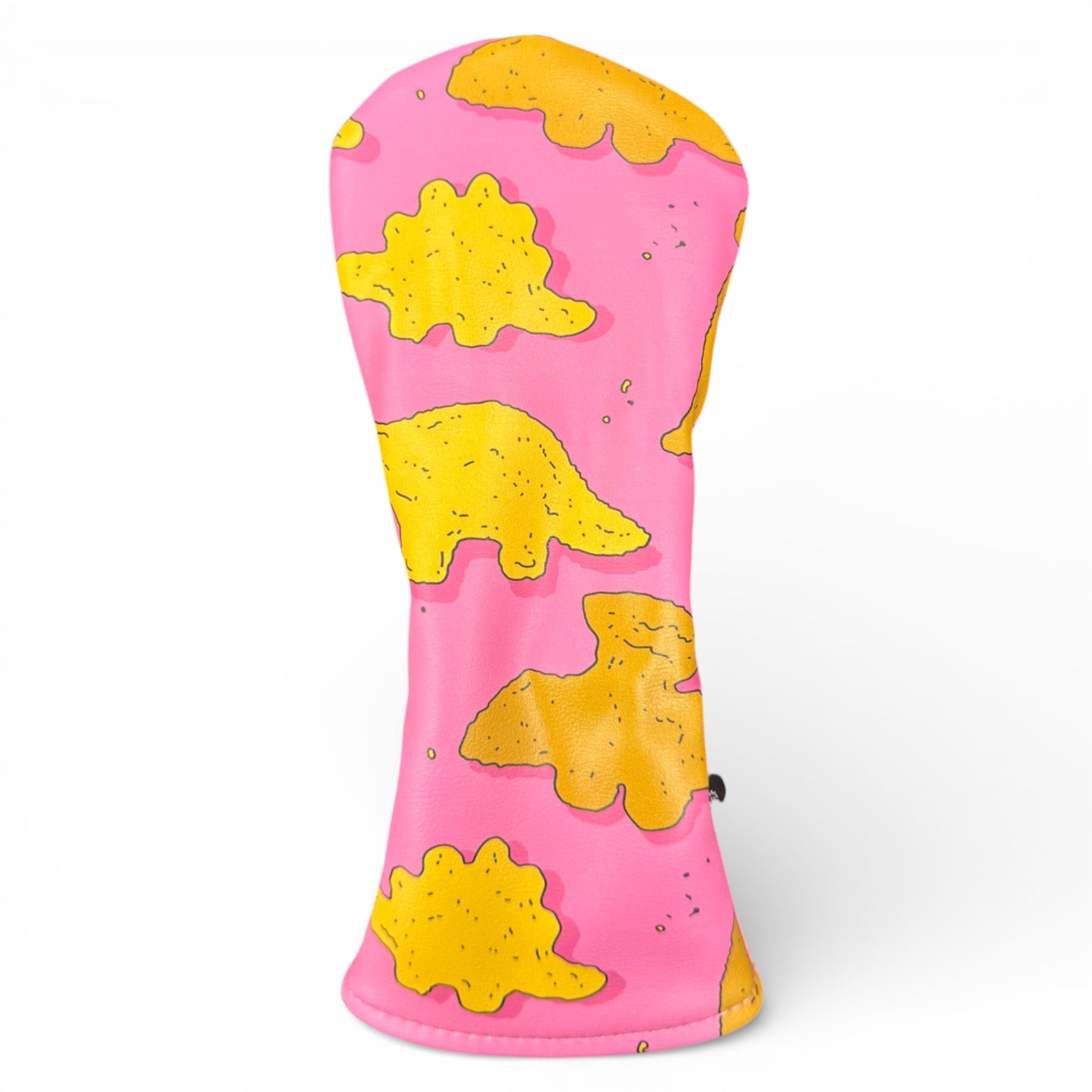 The Dino Nugget Hybrid Headcover features a pink design with yellow, dinosaur-shaped cheese cracker patterns, providing playful style and premium protection for your hybrid club with its soft lining and durable synthetic leather.