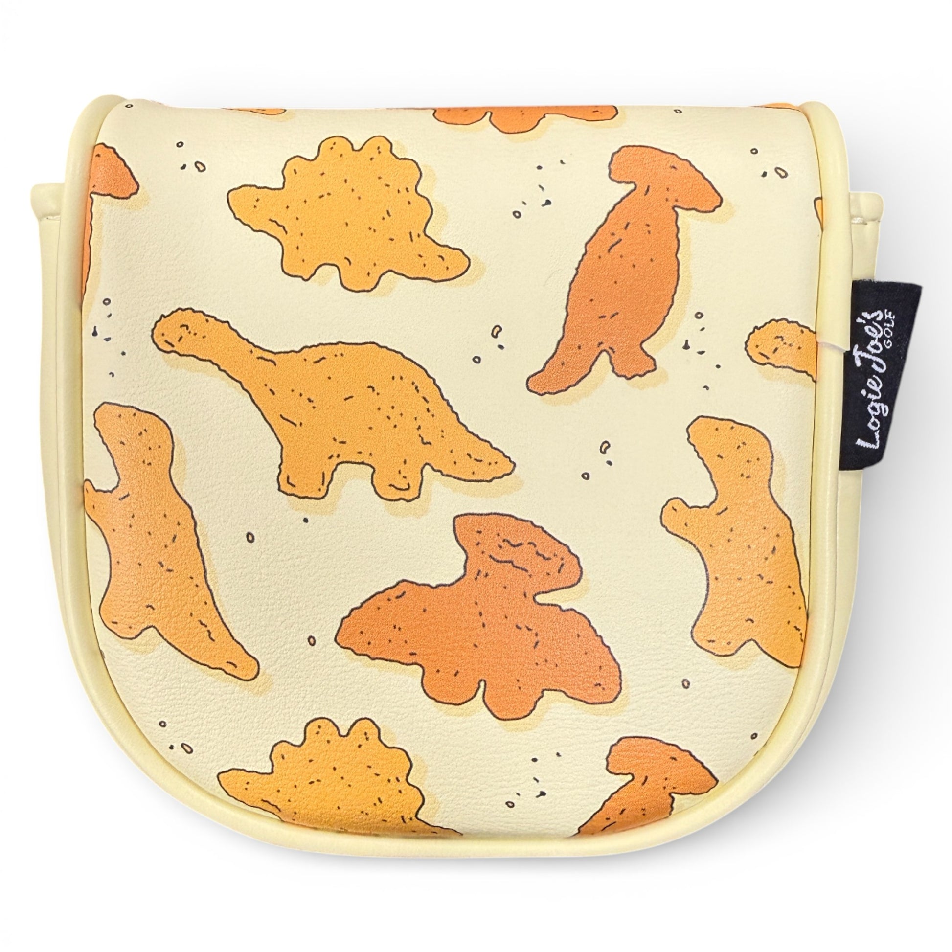 The Dino Nugget Center-Shafted Mallet Putter Headcover features orange and yellow dinosaur-shaped cookie patterns, a black Loungefly tag, soft protective lining, and a premium magnetic closure. Fits center-shafted & zero-torque putters.