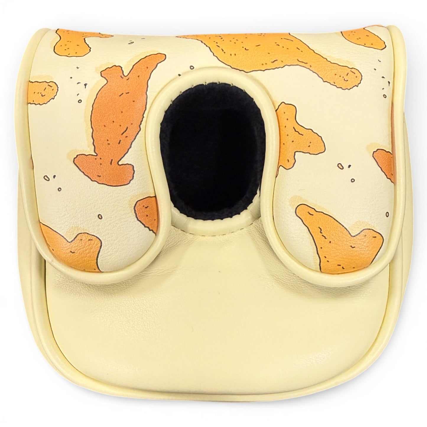 The Dino Nugget Center-Shafted Mallet Putter Headcover features a beige design with orange nugget shapes, a central black circular opening, and a premium magnetic closure to fit center-shafted and zero-torque putters.
