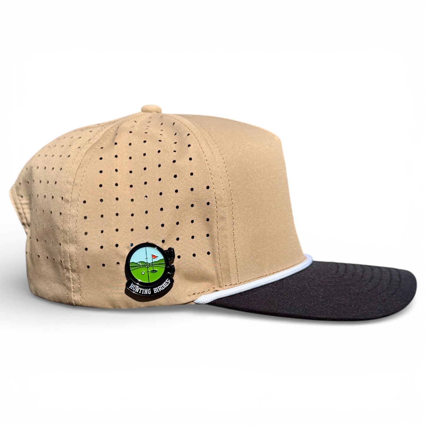 The Hunting Birdies Golf Hat is a tan and black snapback cap with side ventilation holes, a round Golf Green patch reading "Bolfing Buddies," and includes a built-in magnetic ball marker holder plus marker for convenience on the course.