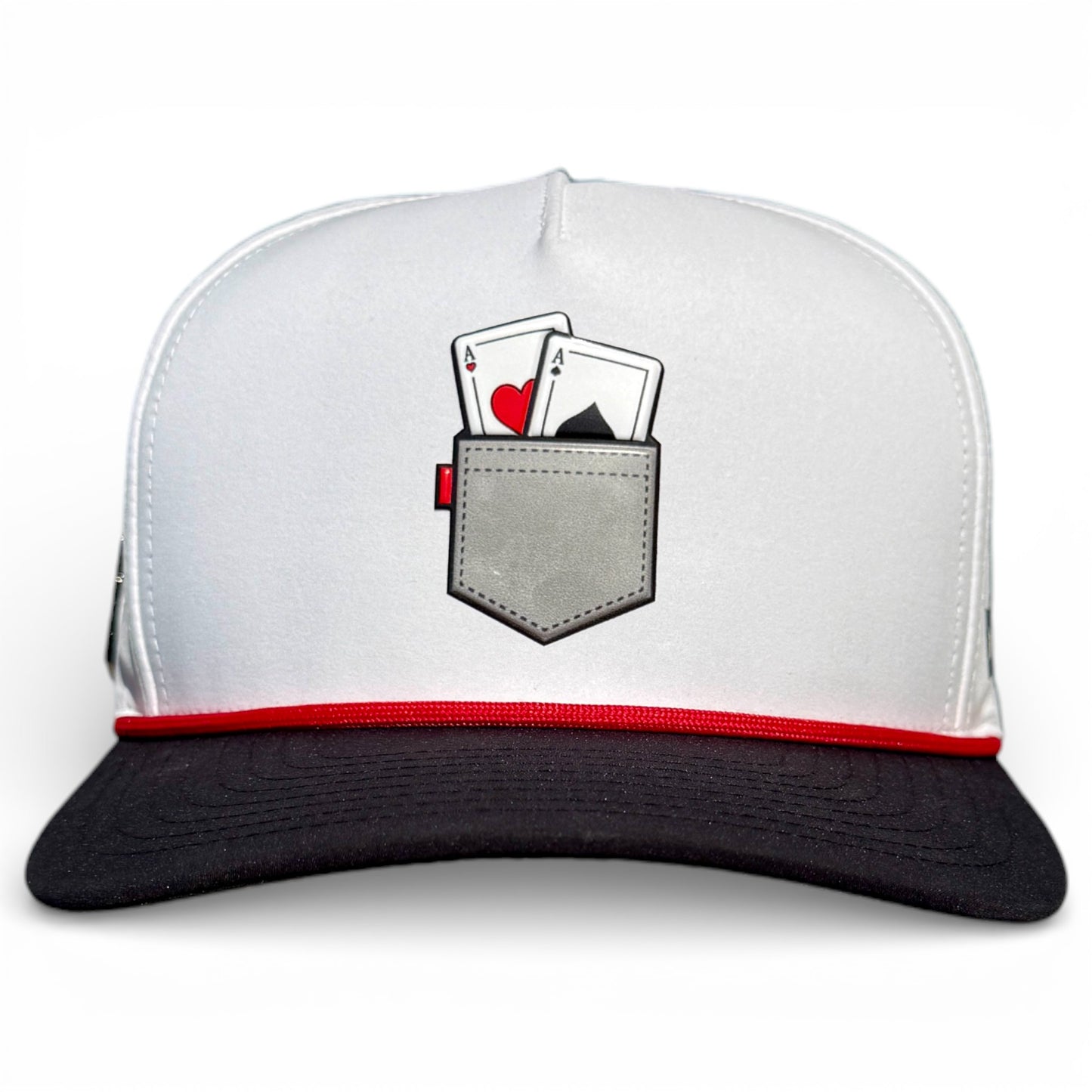 The Pocket Aces Golf Hat is a gray and black adjustable snapback cap with a built-in magnetic ball marker holder (marker included) and features an illustration of a pocket holding an ace of hearts and ace of spades on the front.