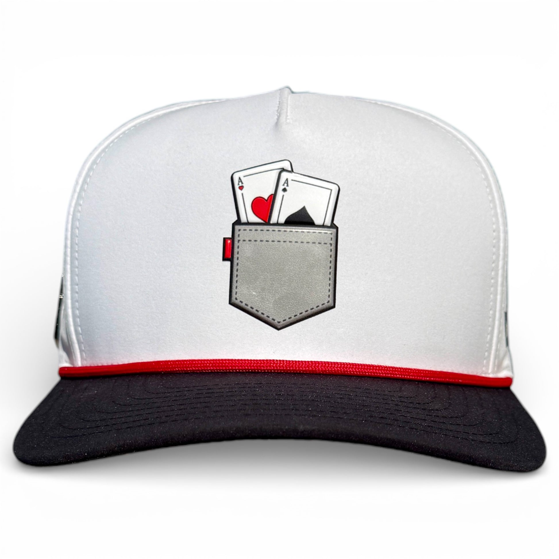 The Pocket Aces Golf Hat is a gray and black adjustable snapback cap with a built-in magnetic ball marker holder (marker included) and features an illustration of a pocket holding an ace of hearts and ace of spades on the front.