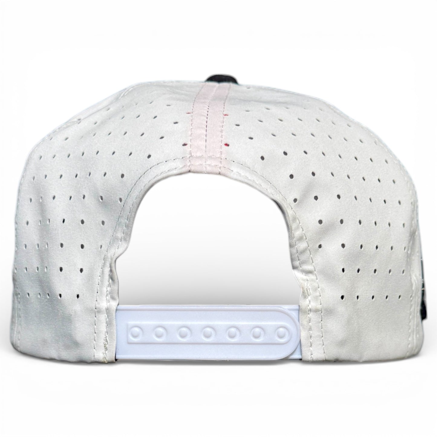 A gray and black Pocket Aces Golf Hat snapback cap featuring an adjustable fit, a built-in magnetic ball marker holder, and included marker.