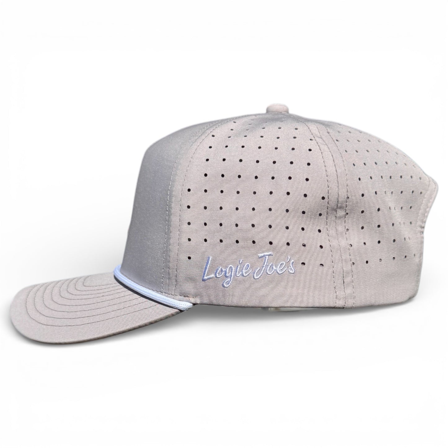 The Golf Neon Arrow Sign Golf Hat is an adjustable light gray snapback cap with ventilation holes, a curved stitched visor, a built-in magnetic ball marker holder with marker included, and white Logie Joes script on the side.