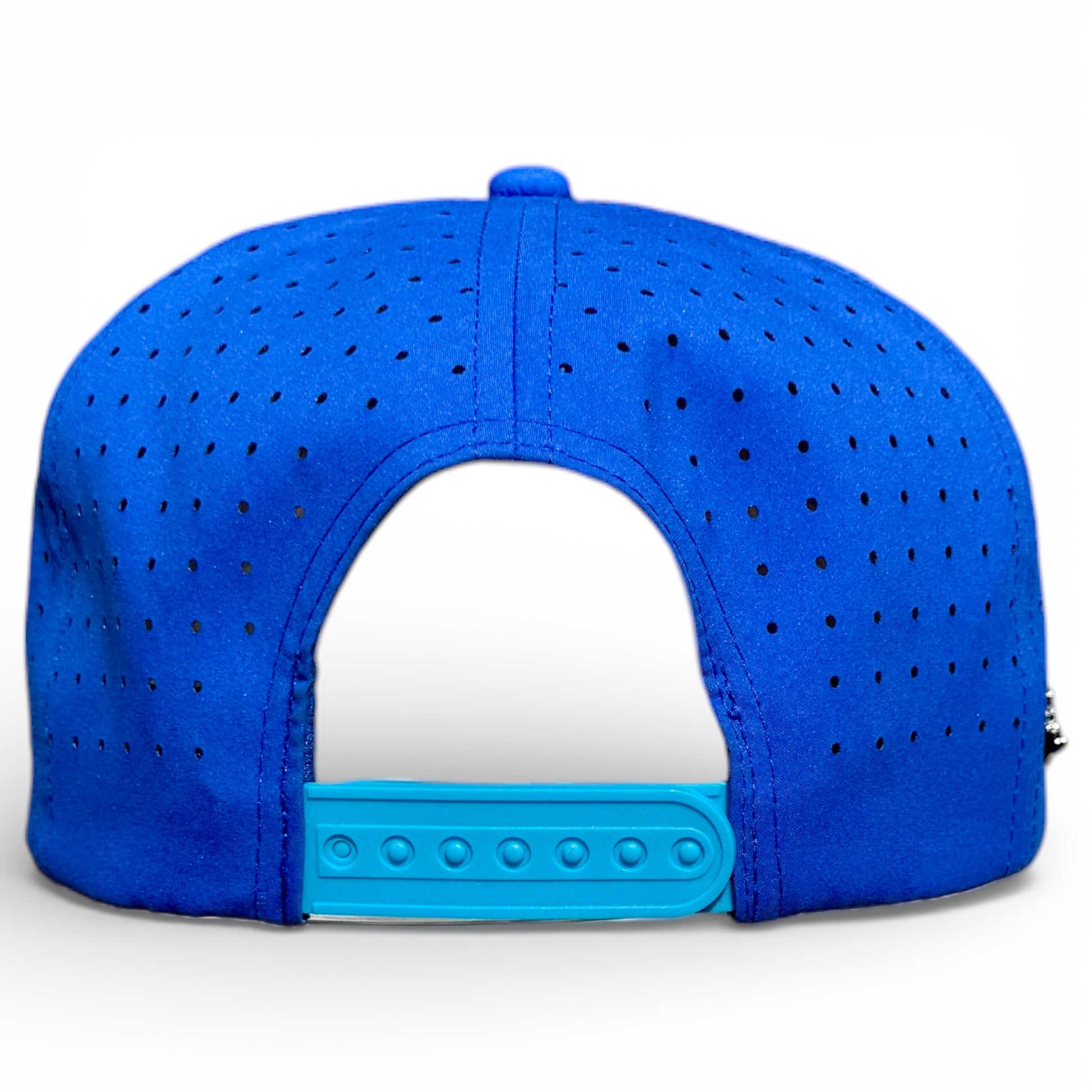 The Water Ball Golf Hat Snapback Cap in blue features small ventilation holes, an adjustable light blue strap, and a built-in magnetic ball marker holder with included marker for easy golf convenience.
