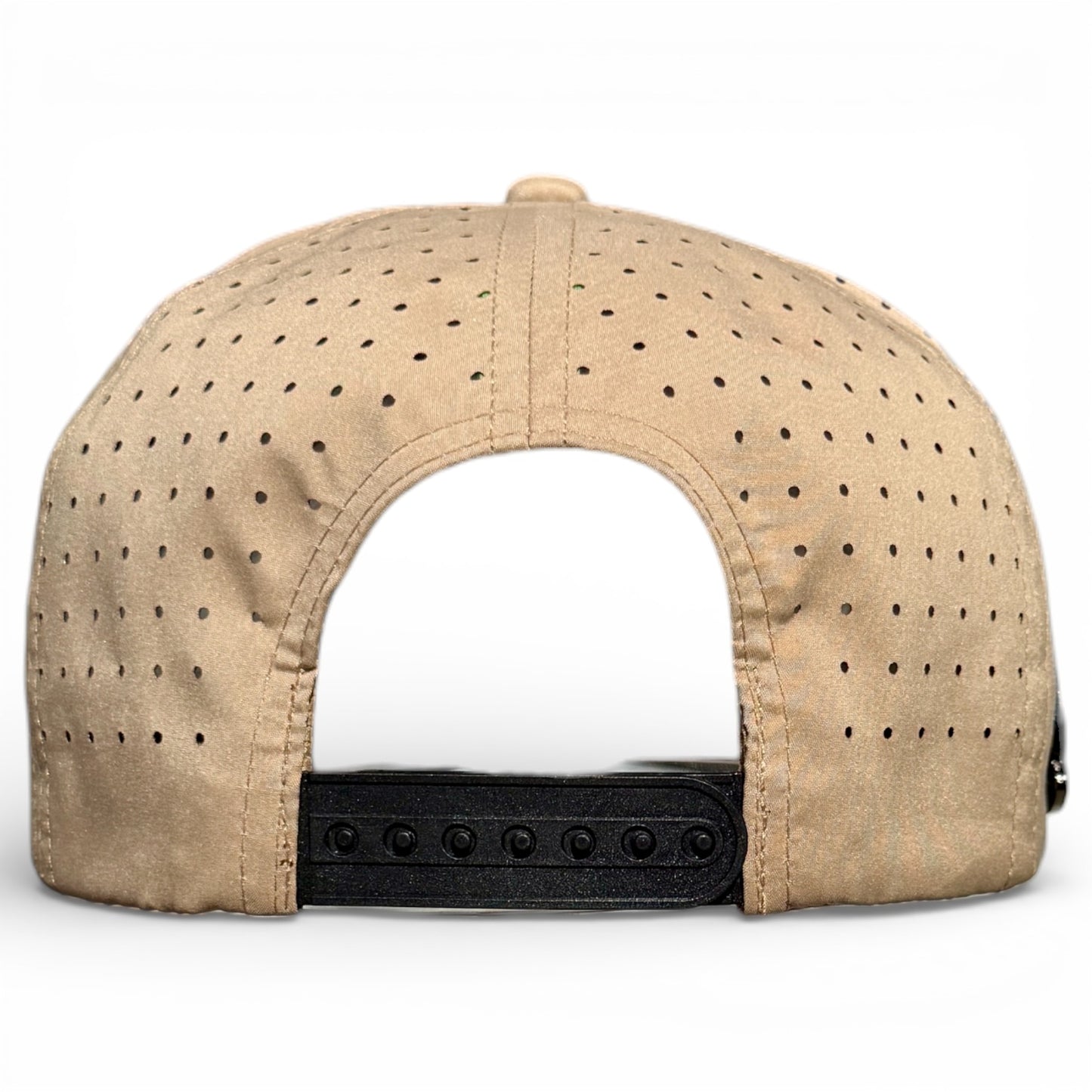 The tan Hunting Birdies Golf Hat features small ventilation holes, an adjustable black snapback closure, and a built-in magnetic ball marker holder with marker included—perfect performance for golfers.