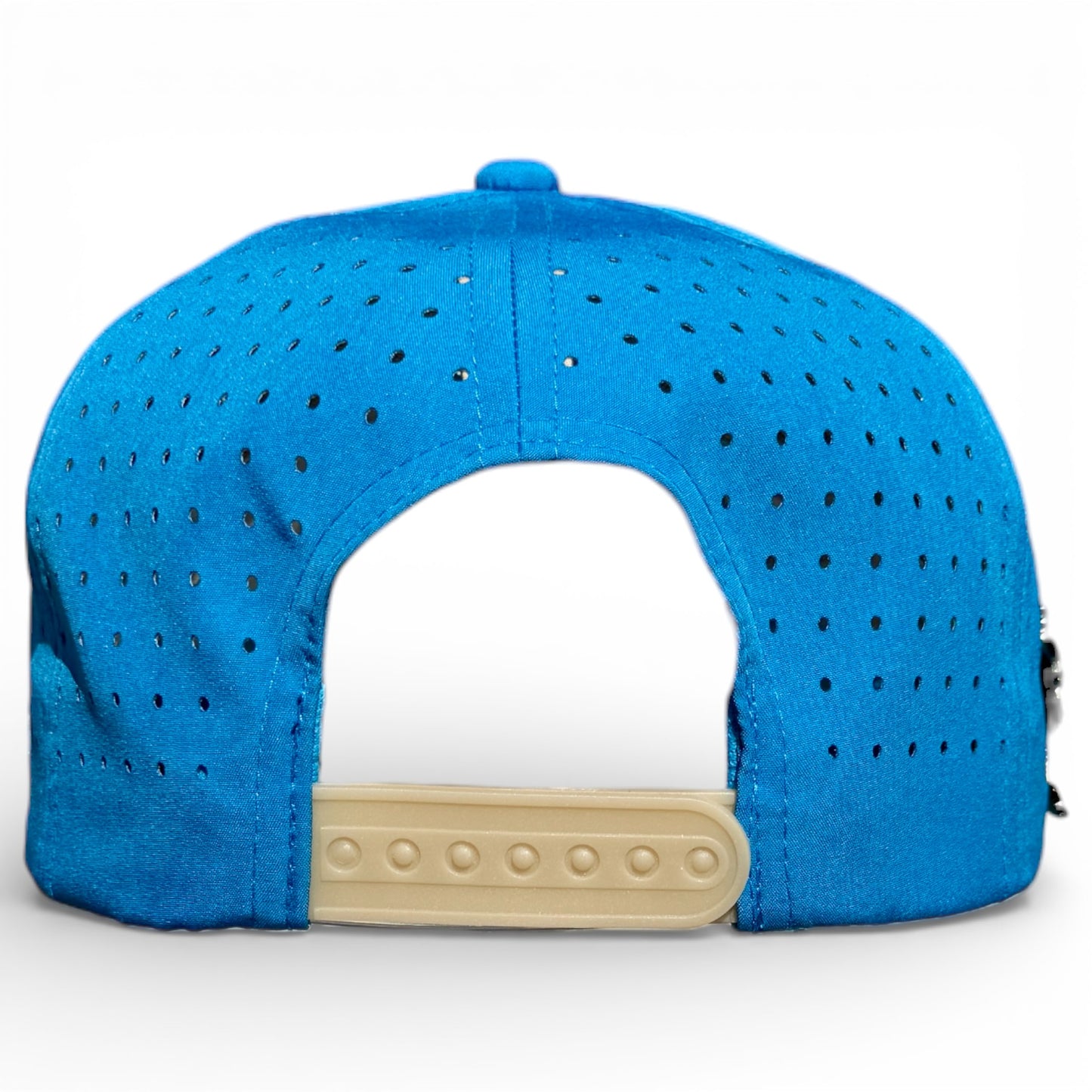 The image shows the back view of the Fairway Palms Golf Hat, a blue snapback cap with mesh panels, a beige adjustable closure, ventilation holes, and a built-in magnetic ball marker holder with marker included.