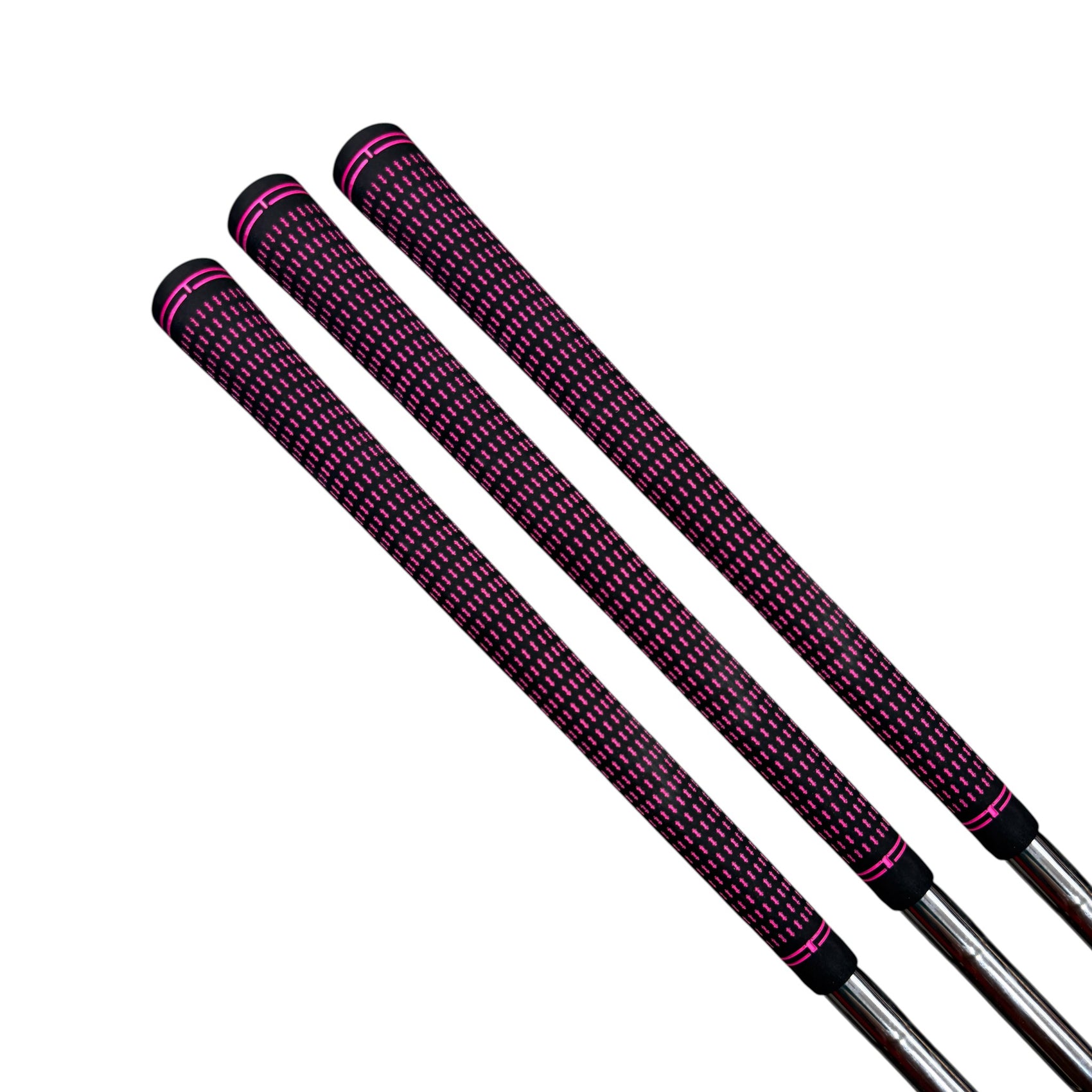 A set of three 360 Golf Grips in black/pink, available in Standard, Mid, and Jumbo sizes, made from high-traction rubber for enhanced grip, arranged parallel on a white background.