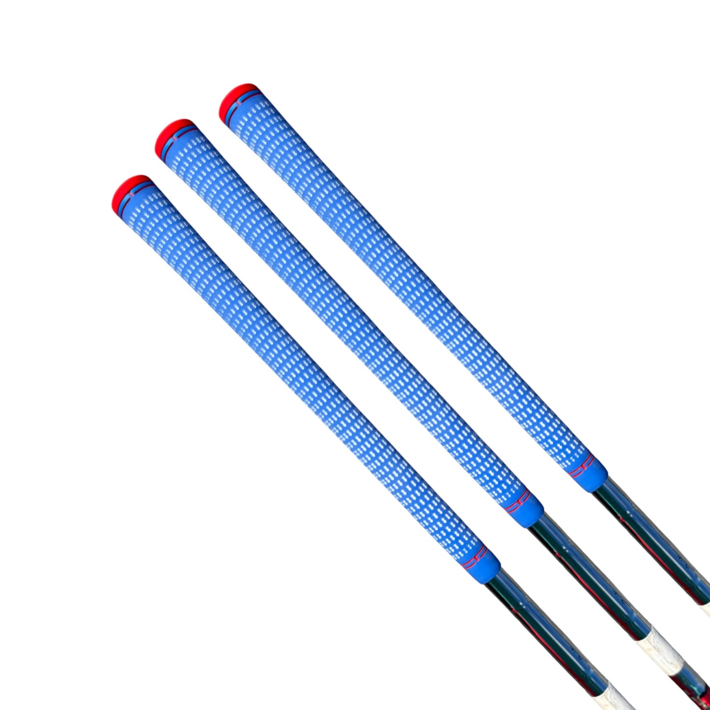 Three golf clubs with 360 Golf Grips (3 Pack RWB), featuring high-traction blue, white, and red rubber grips, arranged parallel on a white background.