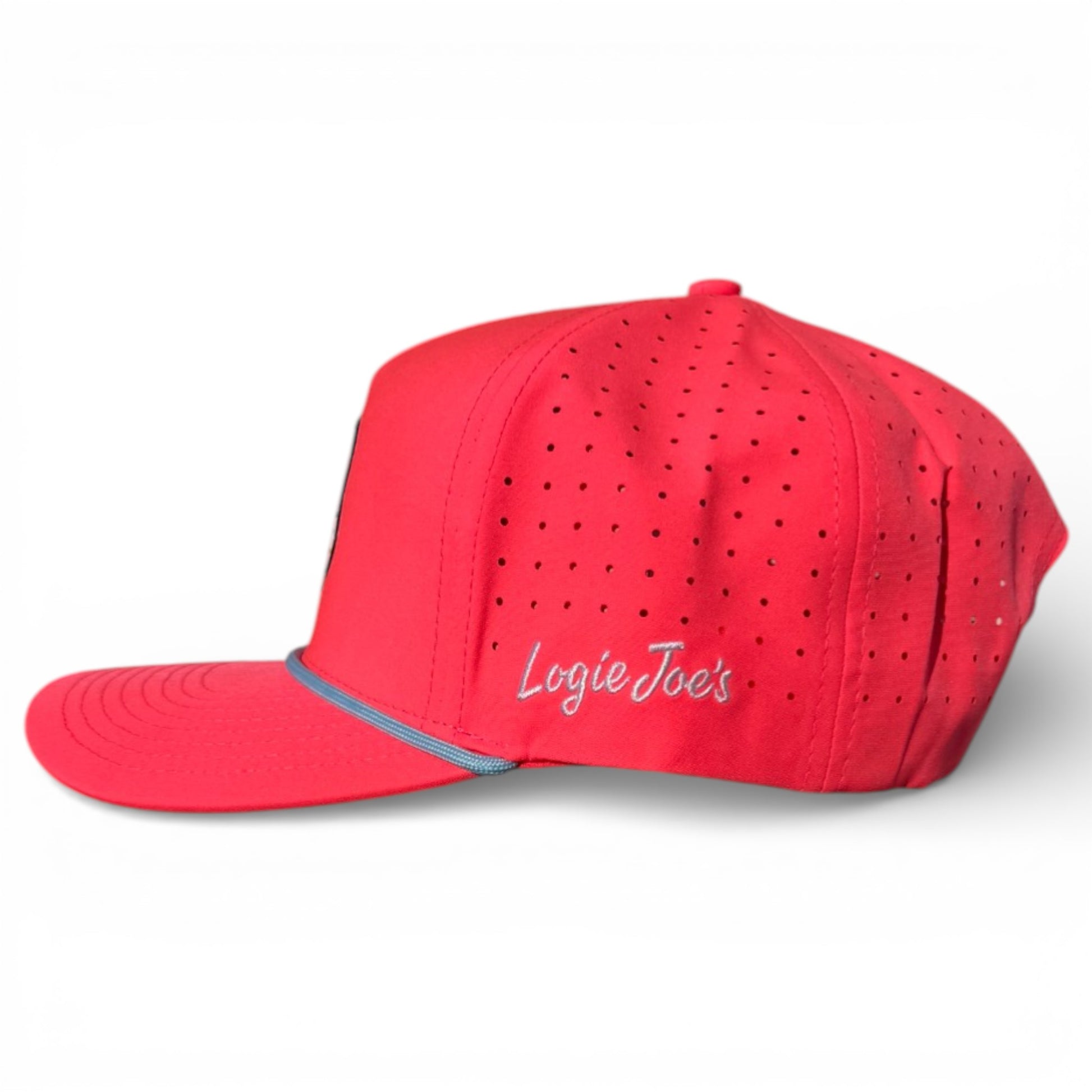 A vibrant Elephant Cookie Pink Frosted Elephant Golf Hat with a flat brim, white “Logie Joes” embroidery on the side, small ventilation holes, gray accent line, and a built-in magnetic ball marker holder with marker included.
