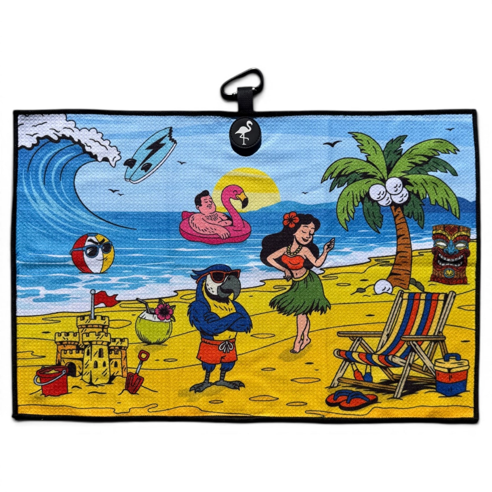 A vibrant cartoon beach scene highlights the Beach Party Golf Towel (24” x 16”) with magnetic clip and carabiner, featuring a hula dancer, parrot in sunglasses, sandcastles, palm tree, tiki statue, dog on floatie, and a big wave.