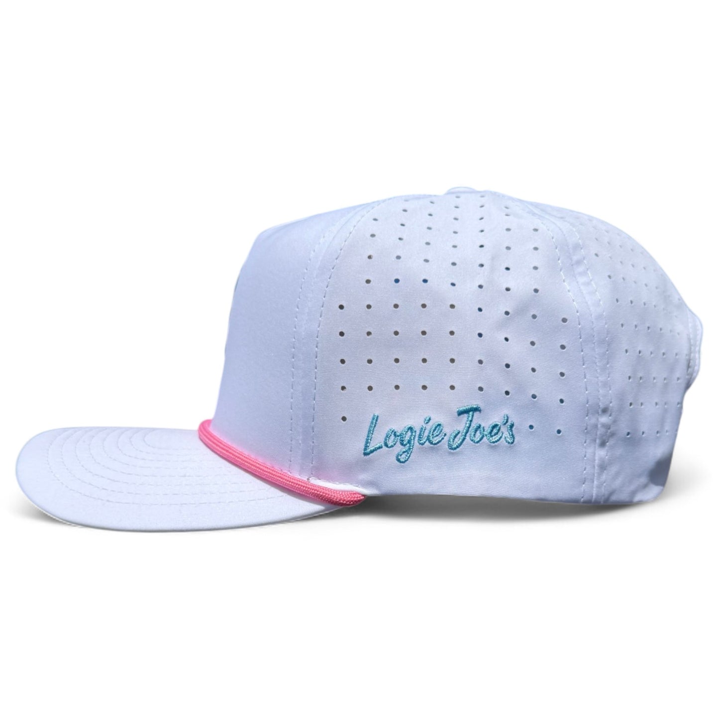 The Sugar Rush Golf Hat is a light blue snapback cap with pink trim, small ventilation holes, an adjustable fit, “Logie Joe’s” in teal on the side, plus a built-in magnetic ball marker holder and marker included.