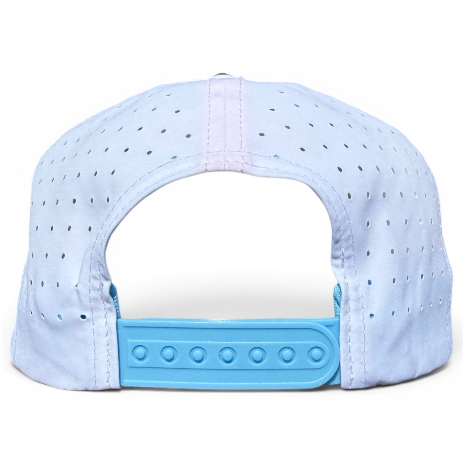 The image shows the back of a Sugar Rush Golf Hat—an Adjustable Cotton Candy snapback cap with small ventilation holes, a blue plastic closure, and a built-in magnetic ball marker holder plus marker included.