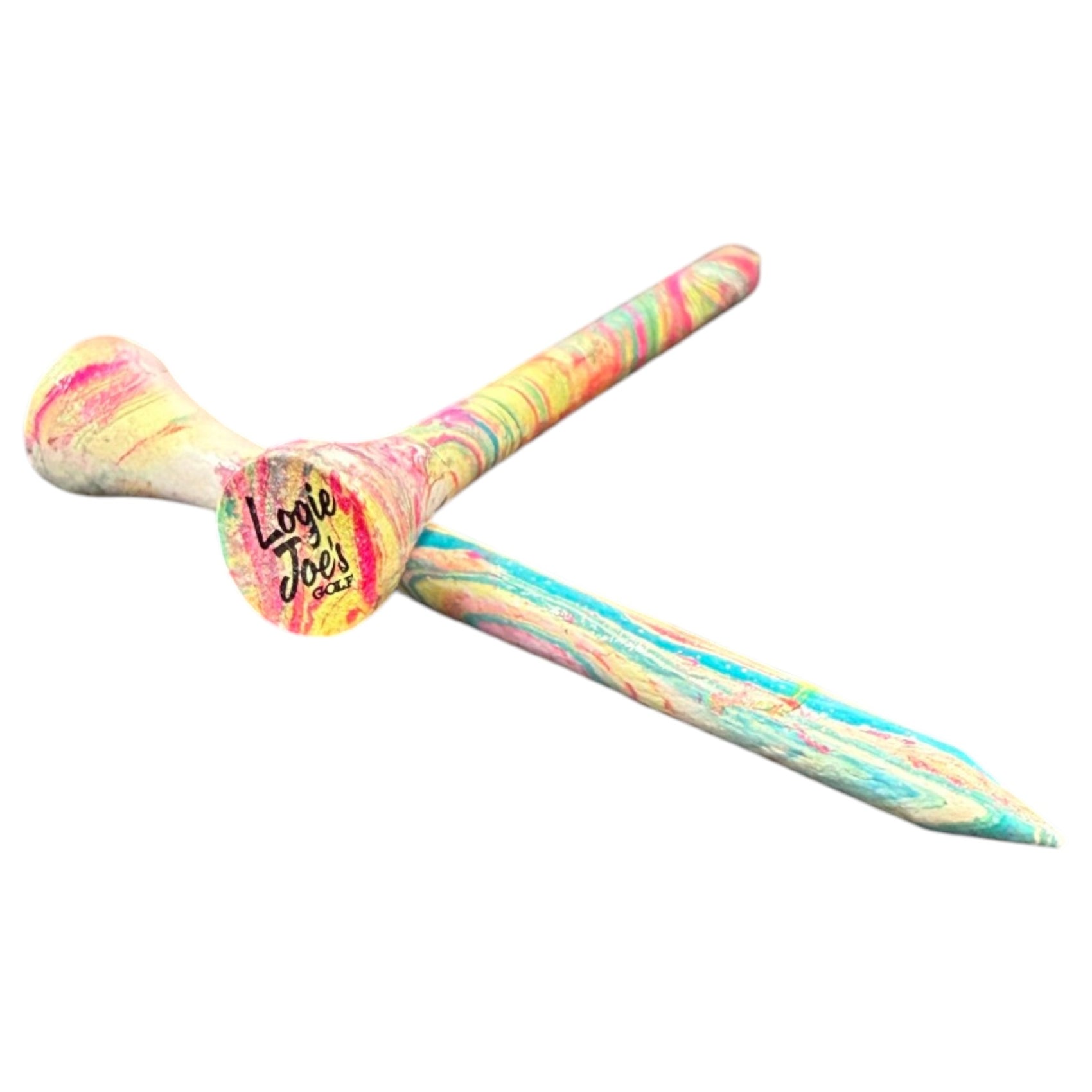 Two Multi Color Marble Premium Wooden Golf Tees (2 3/4” size) are shown—one flat, one upright displaying “Love Joy Golf.” Their durable painted wood features vibrant swirls of pink, yellow, green, and blue with unique designs.