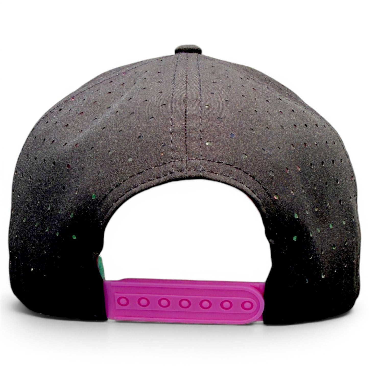 The image shows the back of Logie Joe’s "Classic" Golf Hat, featuring small perforations and a bright pink adjustable snapback strap. This cap includes a built-in magnetic ball marker holder, marker, and an adjustable script logo.
