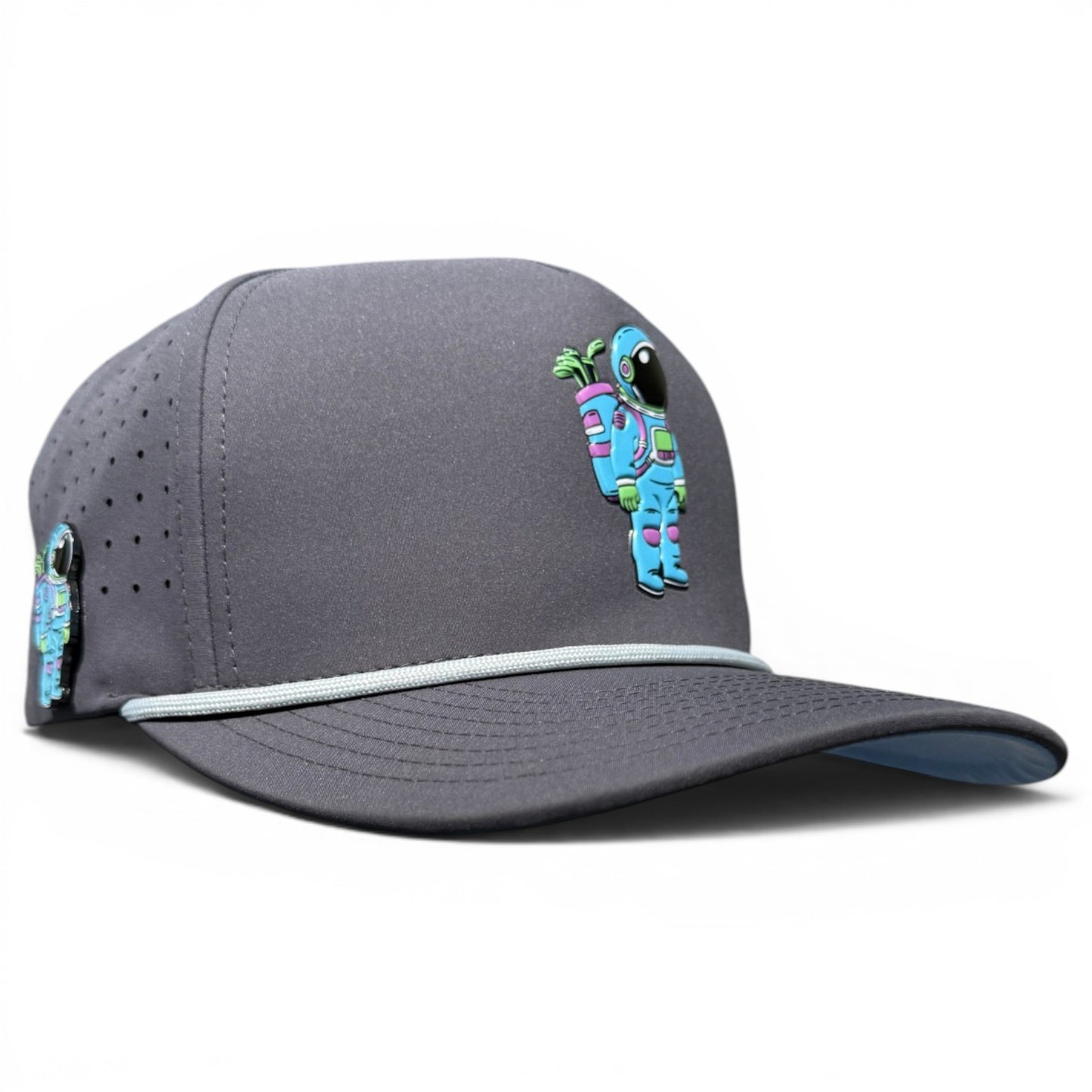 The Astronaut Walker Golf Hat is a gray adjustable snapback cap featuring a colorful cartoon robot holding a plant, small side ventilation holes, light blue brim trim, and comes with a built-in magnetic ball marker holder plus marker.