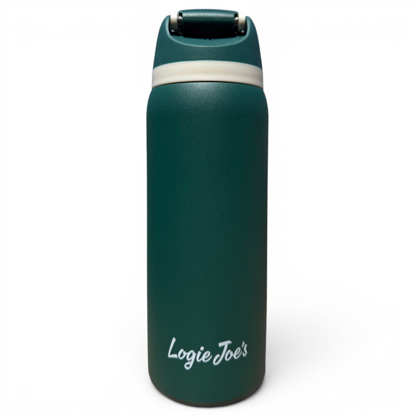 The Hydration Bottle – The Longhorn is a 32oz dark green insulated stainless steel bottle with a flip straw lid and handle, featuring "Logie Joes" in white on the front—ideal for golf hydration against a plain white background.