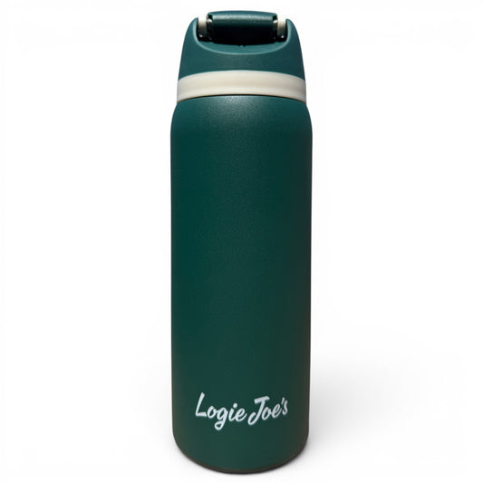 The Hydration Bottle – The Longhorn is a 32oz dark green insulated stainless steel bottle with a flip straw lid and handle, featuring 