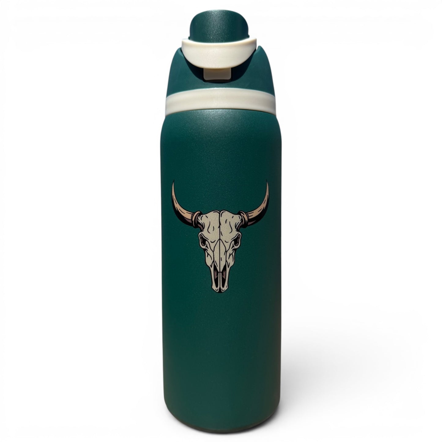 The Hydration Bottle – The Longhorn is a 32oz dark green insulated stainless steel bottle with a white flip straw lid and bold bull skull graphic, shown against a plain white background.