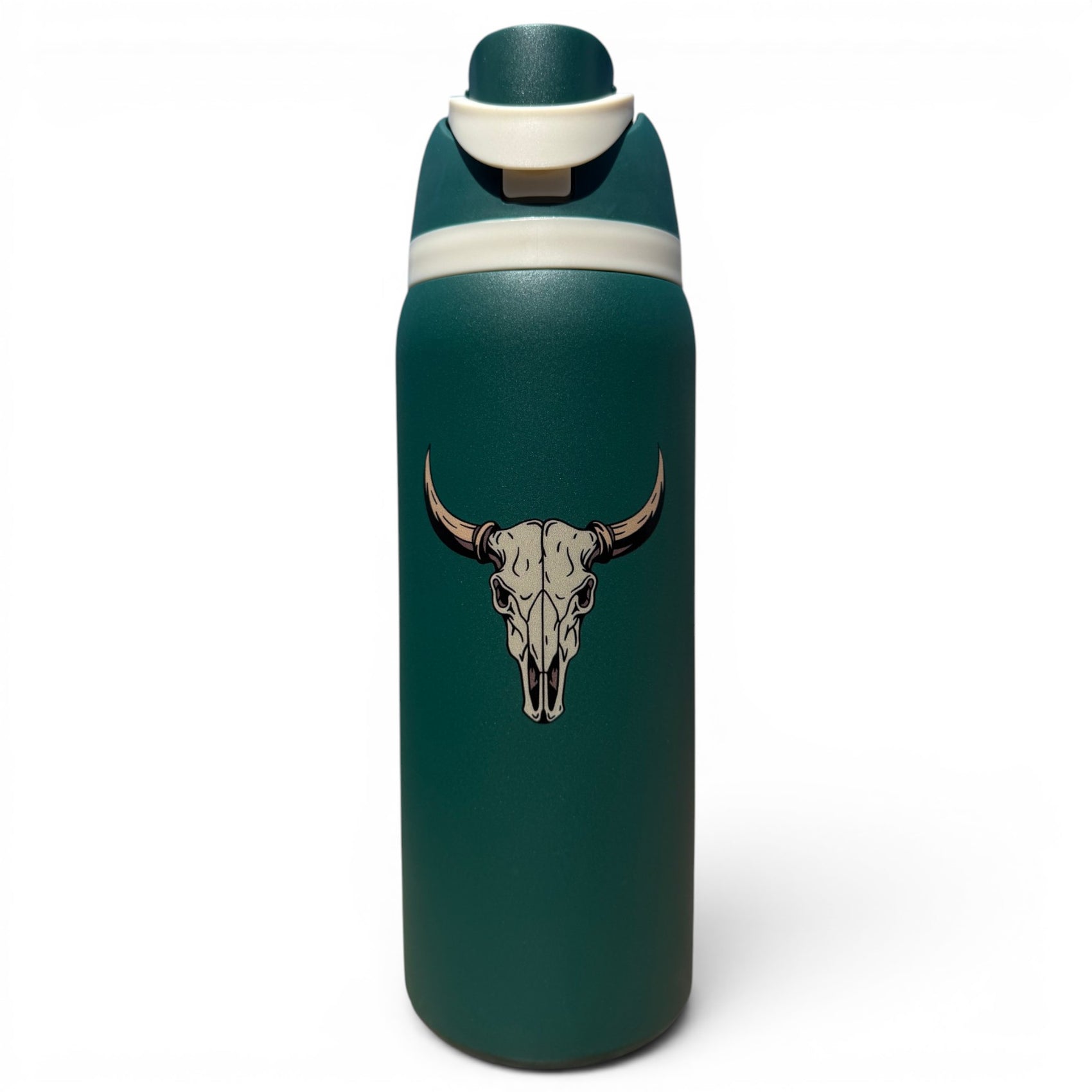 The Hydration Bottle – The Longhorn is a 32oz dark green insulated stainless steel bottle with a white flip straw lid and bold bull skull graphic, shown against a plain white background.