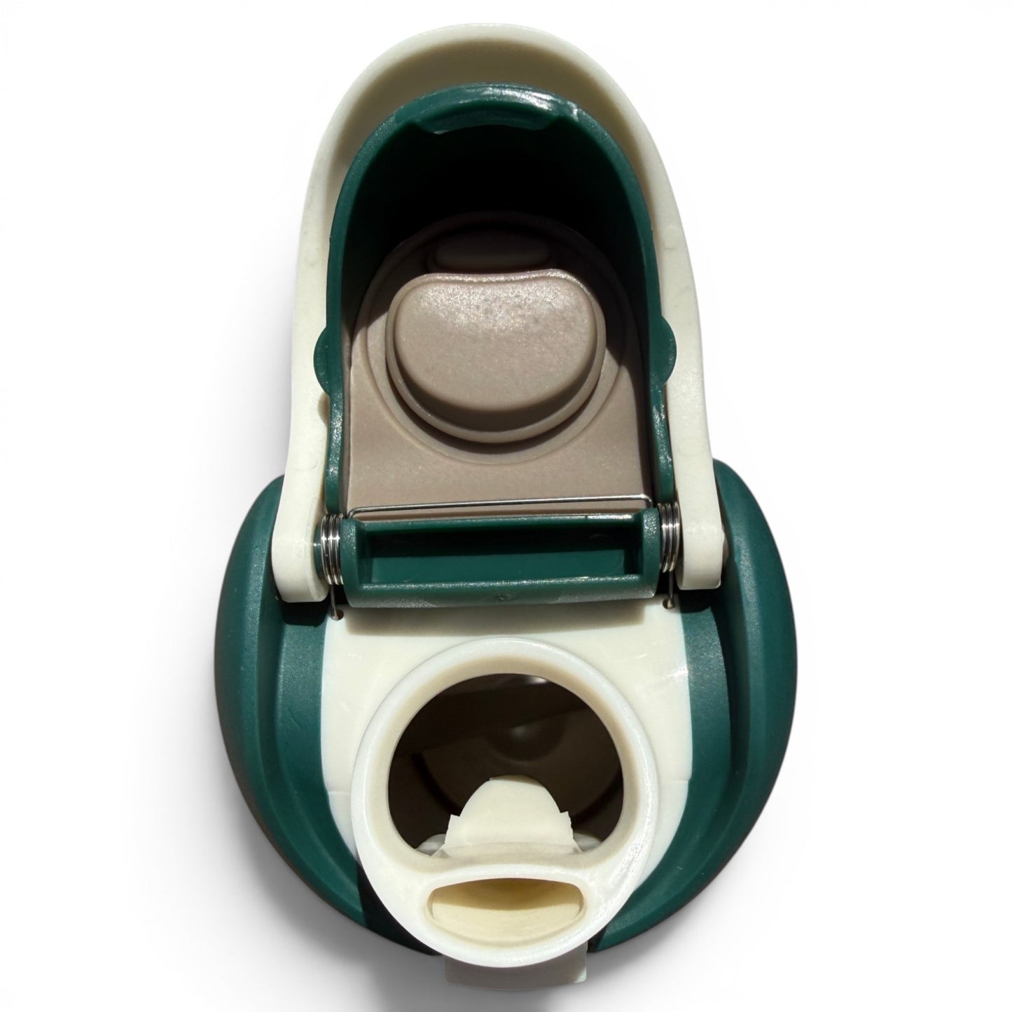 Top view of the Hydration Bottle – The Longhorn, a 32oz insulated stainless steel bottle with a green and white flip straw lid and handle, showing the drinking spout and flip-top cover against a white background.