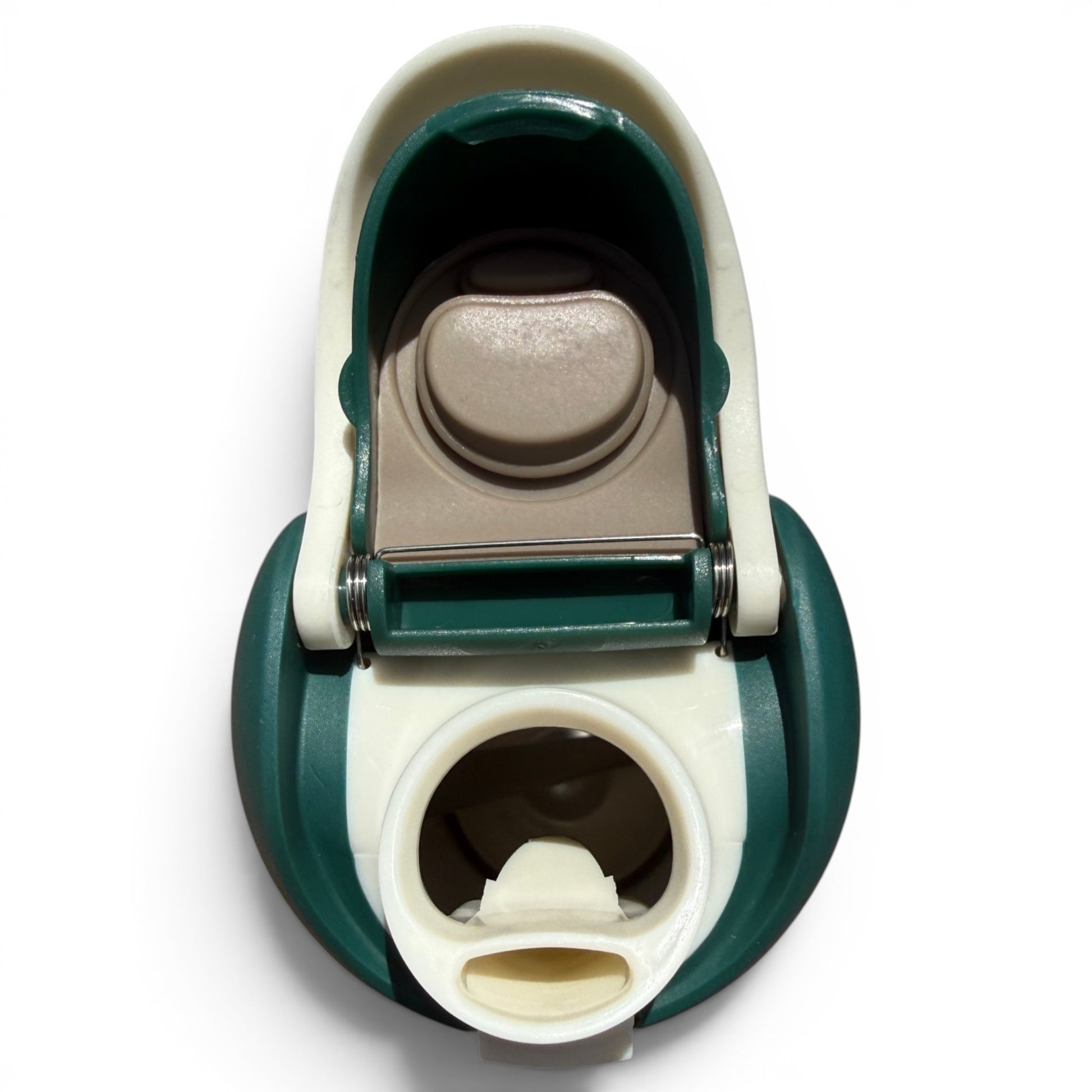 Top view of the Hydration Bottle – The Longhorn, a 32oz insulated stainless steel bottle with a green and white flip straw lid and handle, showing the drinking spout and flip-top cover against a white background.
