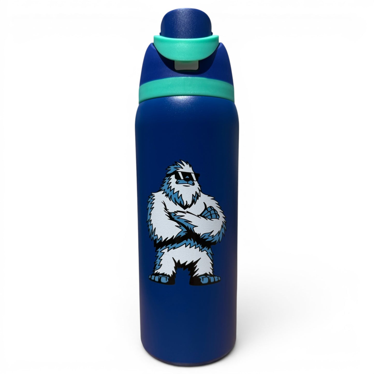 Stay cool on the course with the Hydration Bottle – Yeti, a 32oz insulated stainless steel bottle in blue with a flip straw lid and handle. Features a cartoon white yeti in sunglasses on the front—perfect for golf hydration.