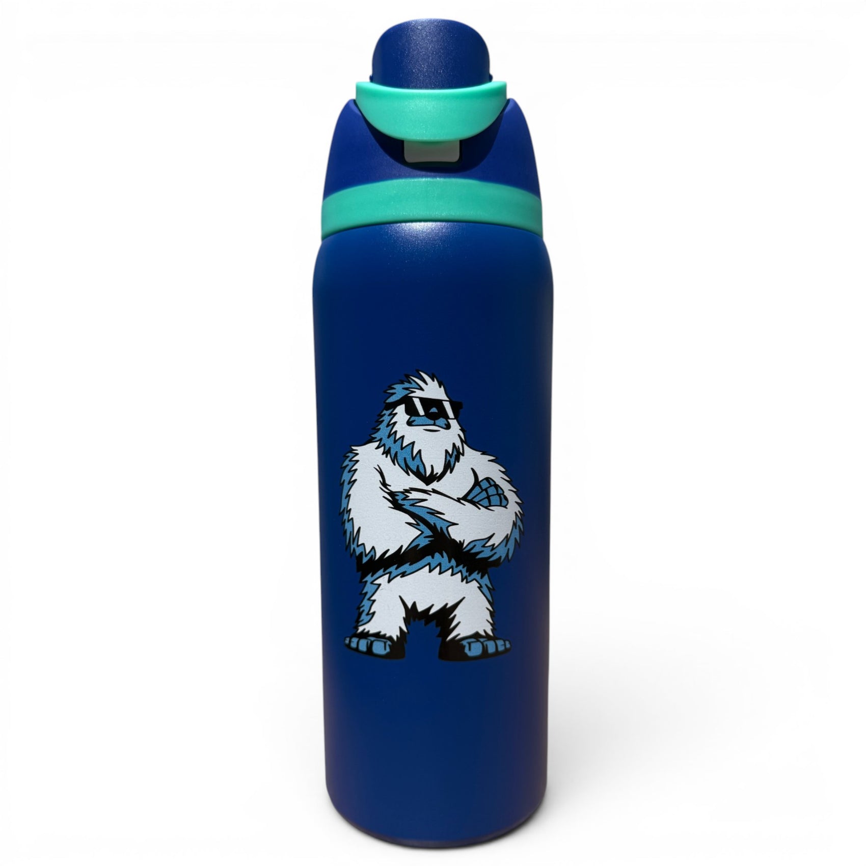 Stay cool on the course with the Hydration Bottle – Yeti, a 32oz insulated stainless steel bottle in blue with a flip straw lid and handle. Features a cartoon white yeti in sunglasses on the front—perfect for golf hydration.