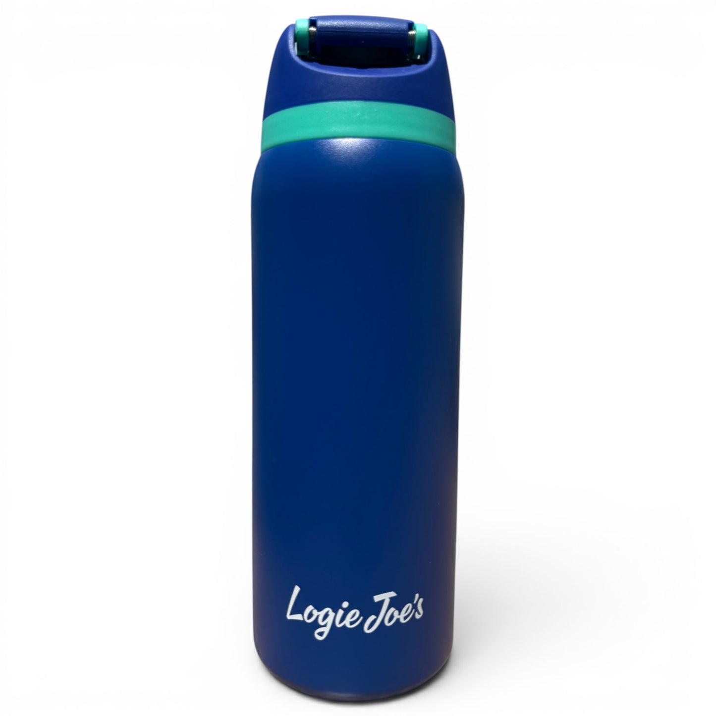 The Hydration Bottle – Yeti is a 32oz insulated stainless steel bottle with a flip straw lid and handle, featuring blue color, green accent near the lid, and "Logie Joes" in white; ideal for golf hydration.