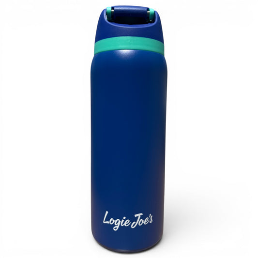 The Hydration Bottle – Yeti is a 32oz insulated stainless steel bottle with a flip straw lid and handle, featuring blue color, green accent near the lid, and 