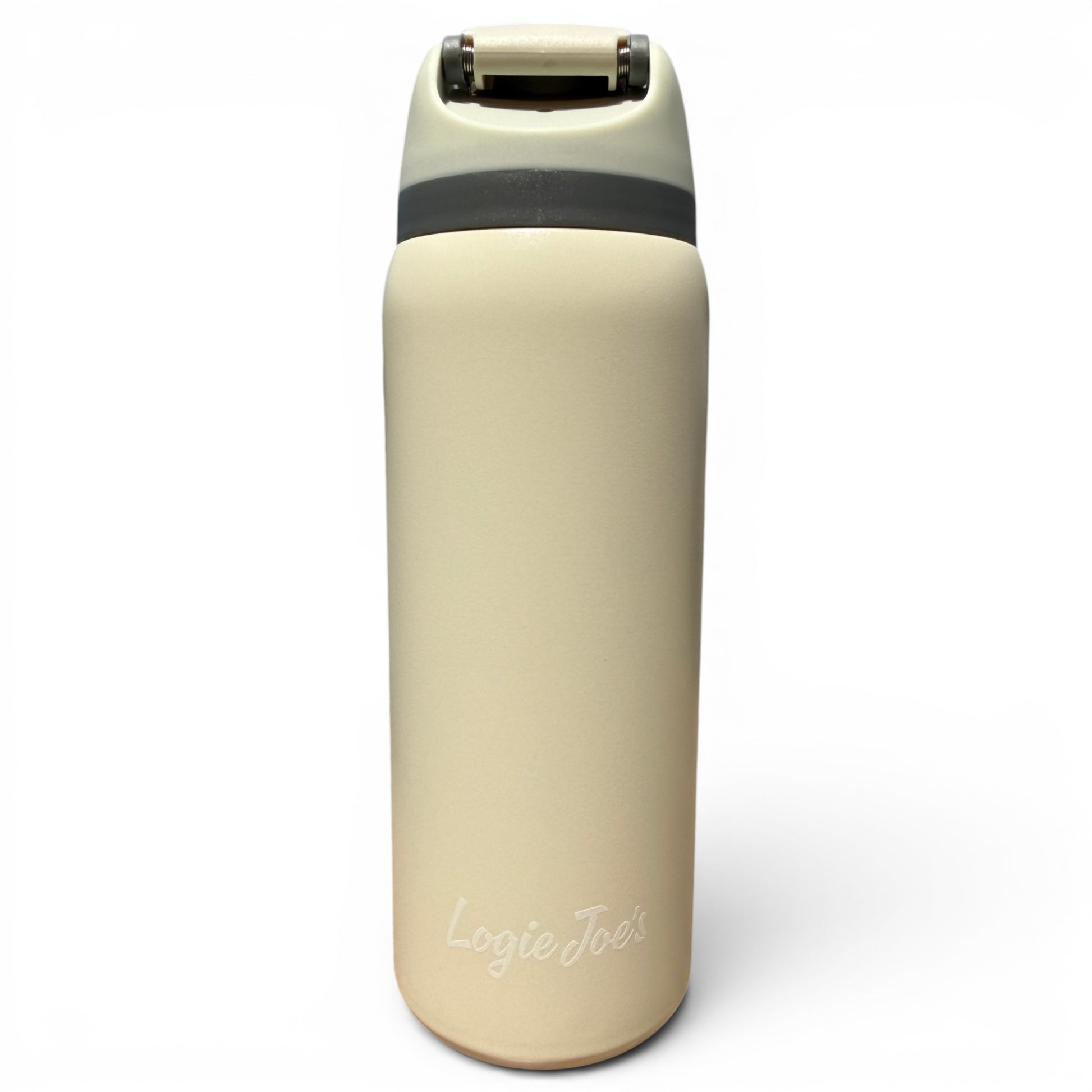 The Hydration Bottle – Eagle is a beige 32oz insulated stainless steel bottle with a flip straw lid and handle, shown upright on a white background. "Logie Joes" appears near the bottom—your perfect golf companion for staying hydrated.