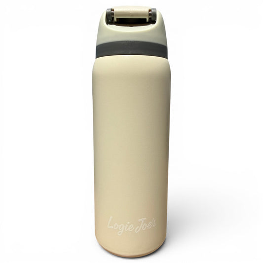 The Hydration Bottle – Eagle is a beige 32oz insulated stainless steel bottle with a flip straw lid and handle, shown upright on a white background. 