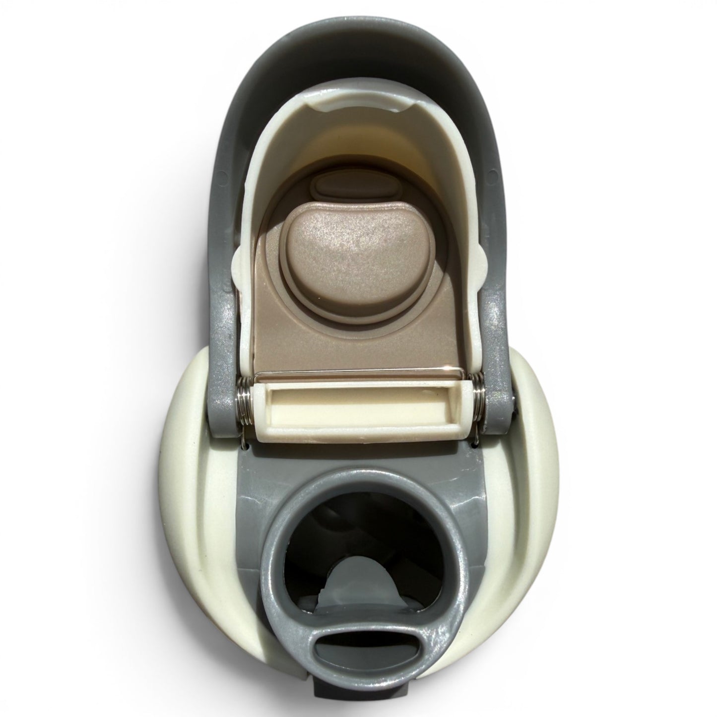 A top-down view of the Hydration Bottle – Eagle (32oz Insulated Stainless Steel) shows its gray and beige flip straw lid with handle and circular spout, set against a white background.