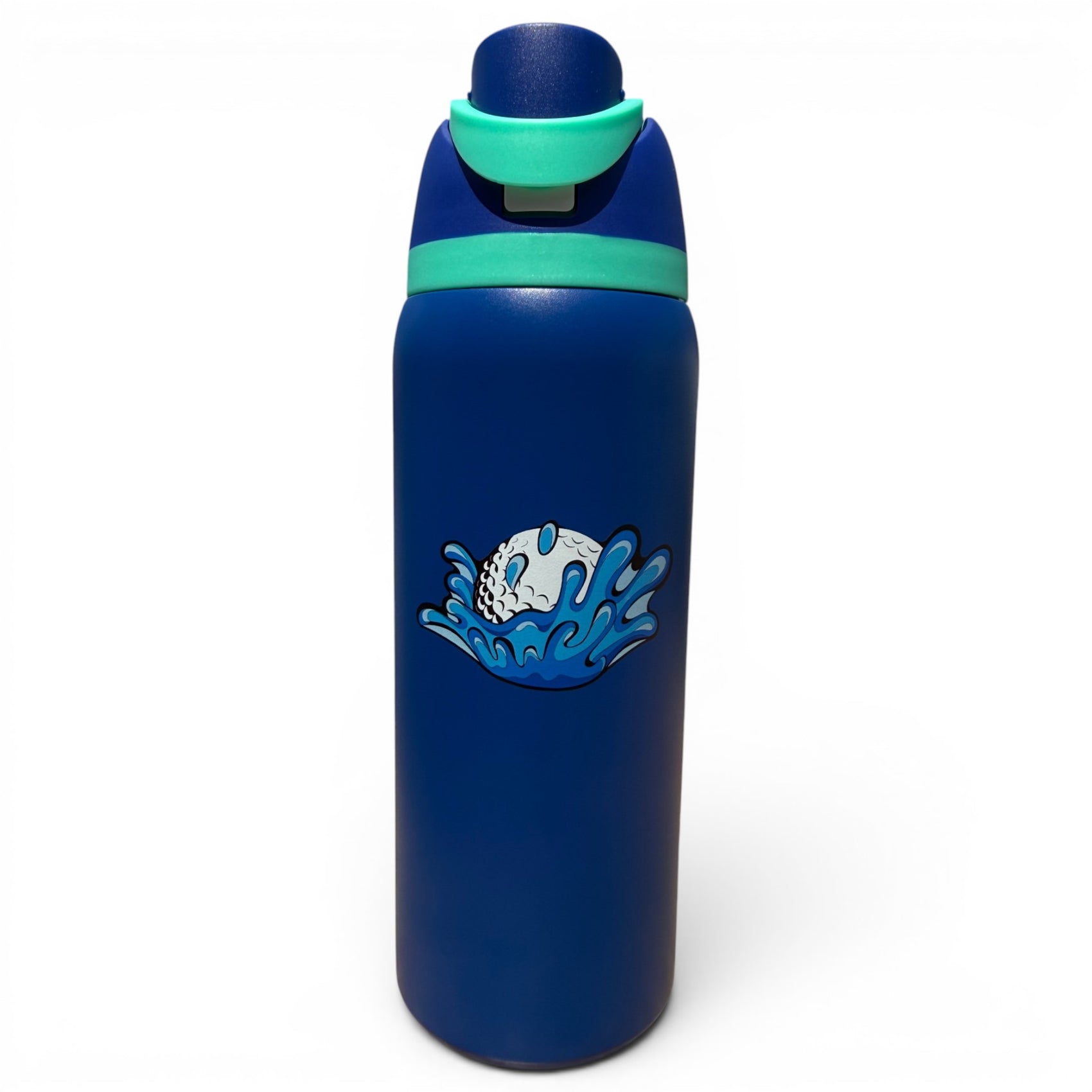 The Hydration Bottle – Water Ball is a 32oz insulated stainless steel bottle with a blue body, green flip straw lid with handle, and features a white whale splashing in blue waves—ideal for golf hydration and keeping drinks cool.