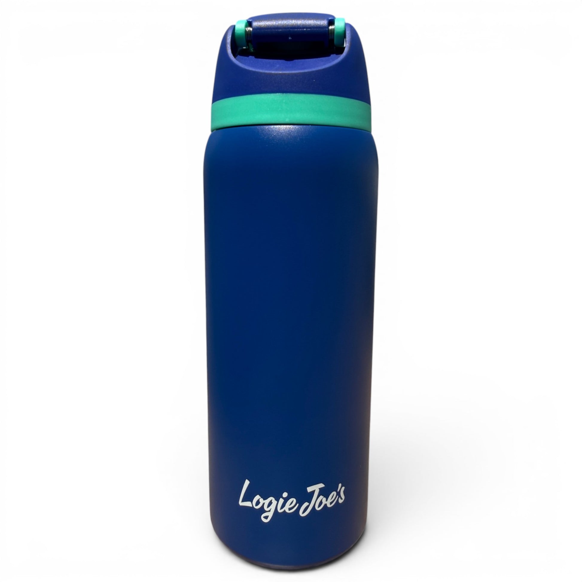 The Hydration Bottle – Water Ball is a 32oz insulated stainless steel water bottle in blue, with a green accent near the flip straw lid, "Logie Joes" in white script on the front, shown against a white background—ideal for golf hydration.