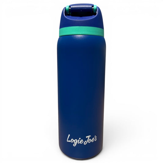 The Hydration Bottle – Water Ball is a 32oz insulated stainless steel water bottle in blue, with a green accent near the flip straw lid, 