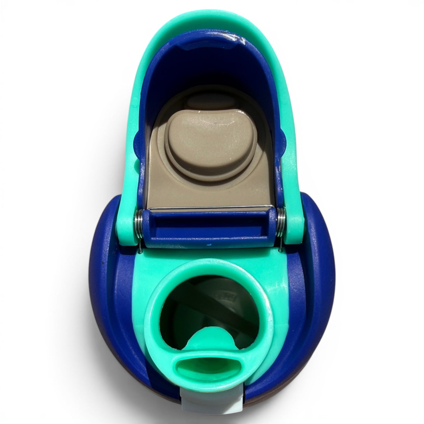 Close-up of the Hydration Bottle – Water Ball, 32oz insulated stainless steel, featuring a teal, blue, and beige flip straw lid with handle and cover mechanism on a white background.