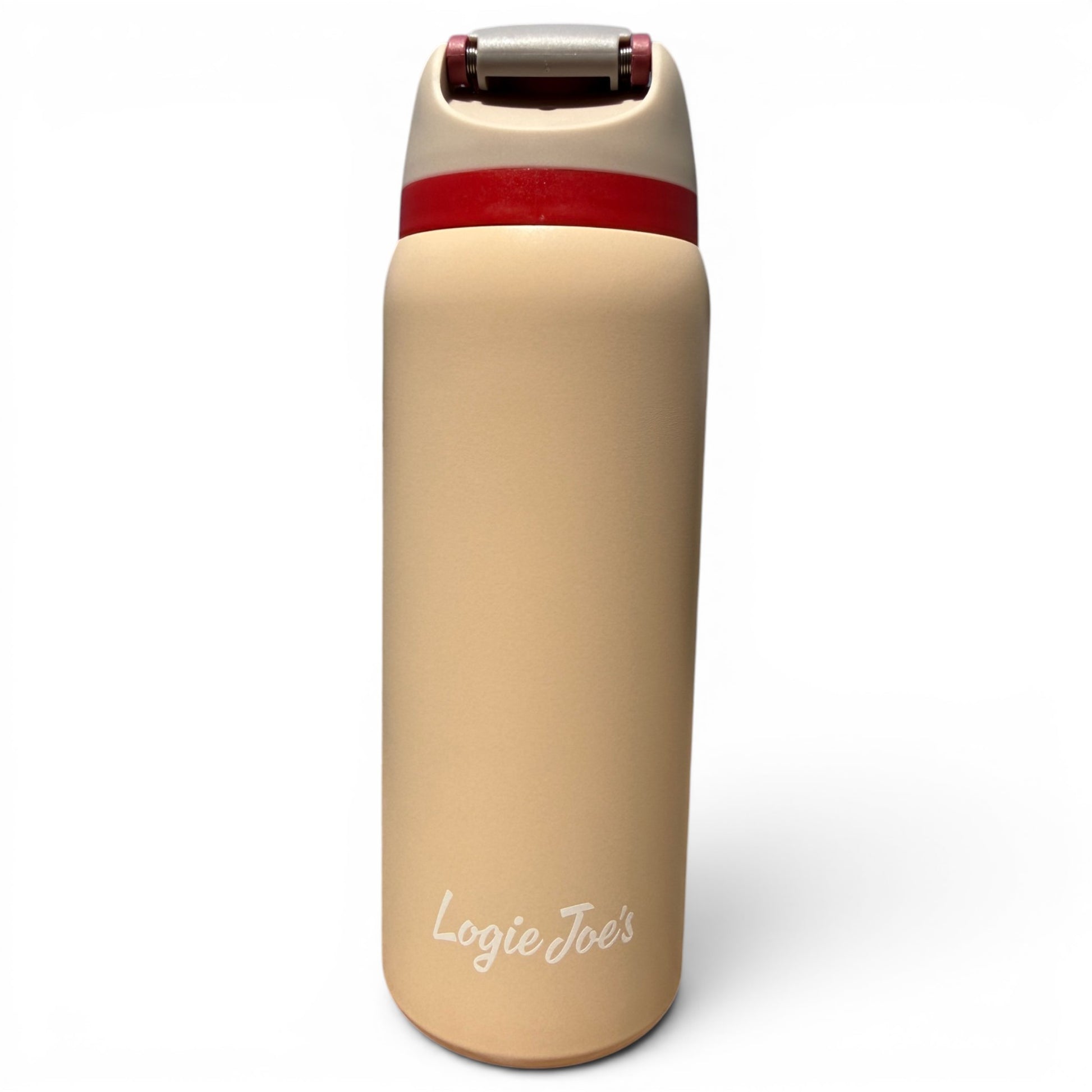 The Hydration Bottle – Crab Trap is a 32oz insulated stainless steel bottle with a flip straw lid and handle. It stands upright against a white background, featuring beige color, a red accent near the lid, and “Logie Joes” in white script.