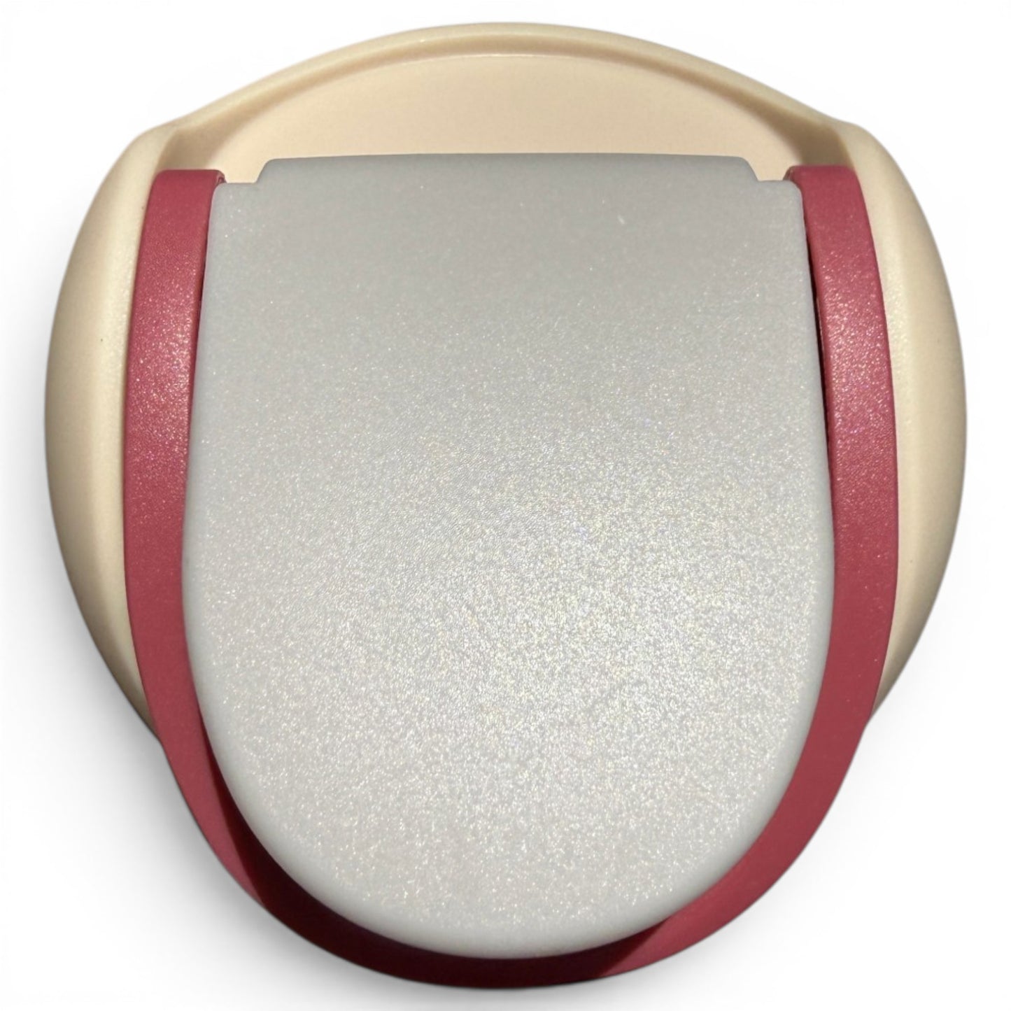 A beige and red Hydration Bottle – Crab Trap, 32oz insulated stainless steel with a rounded flip straw lid and handle, viewed from above.