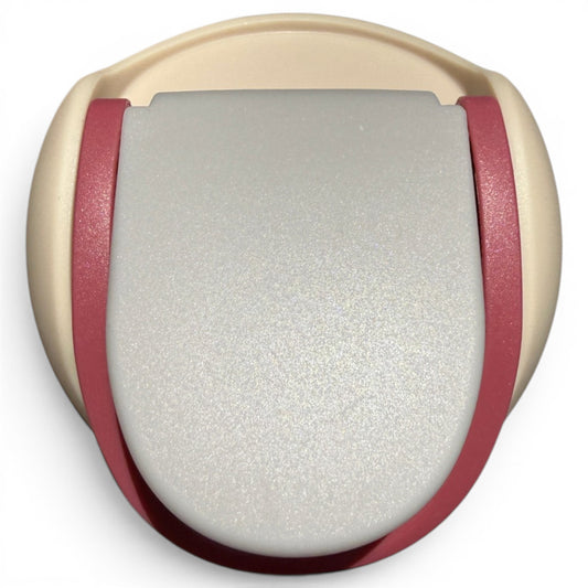 A beige and red Hydration Bottle – Crab Trap, 32oz insulated stainless steel with a rounded flip straw lid and handle, viewed from above.